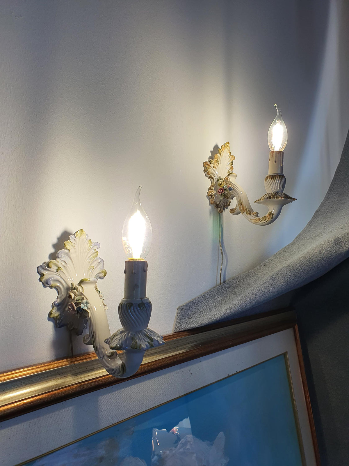 Pair of Vintage Italian Ceramic Wall Sconces – White Candle Design, Colourful Porcelain Roses, Bassano Capodimonte Style, Cottage Farmhouse
