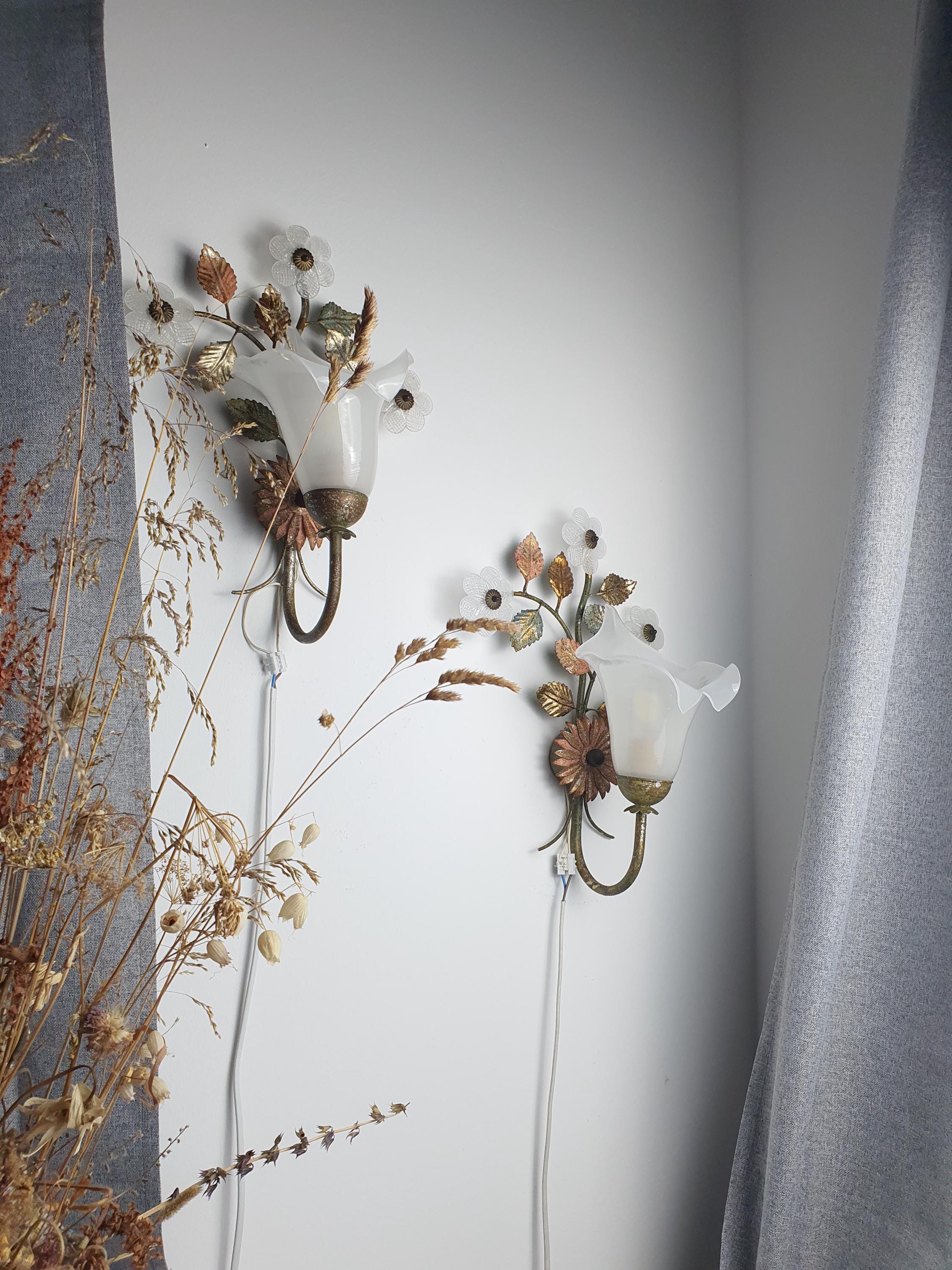 Gold green bronze toleware metalwork detail on vintage Italian Murano glass floral sconce, hand-formed leaves and stems