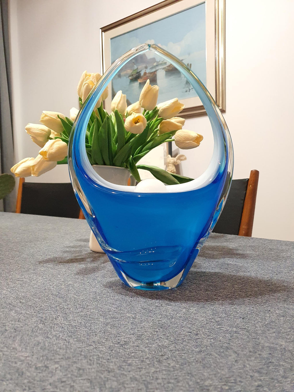 Blue Murano Glass Table Lamp: Italian Vintage Art Deco Bedside Light