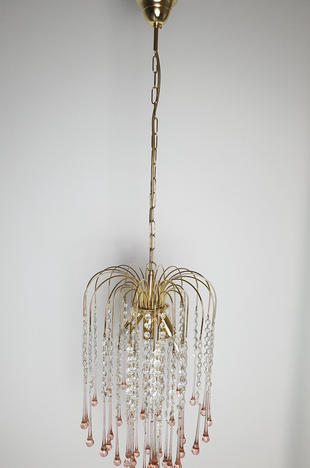 Vintage Murano Glass Chandelier | Pink Teardrop Hollywood Regency Cascade Light