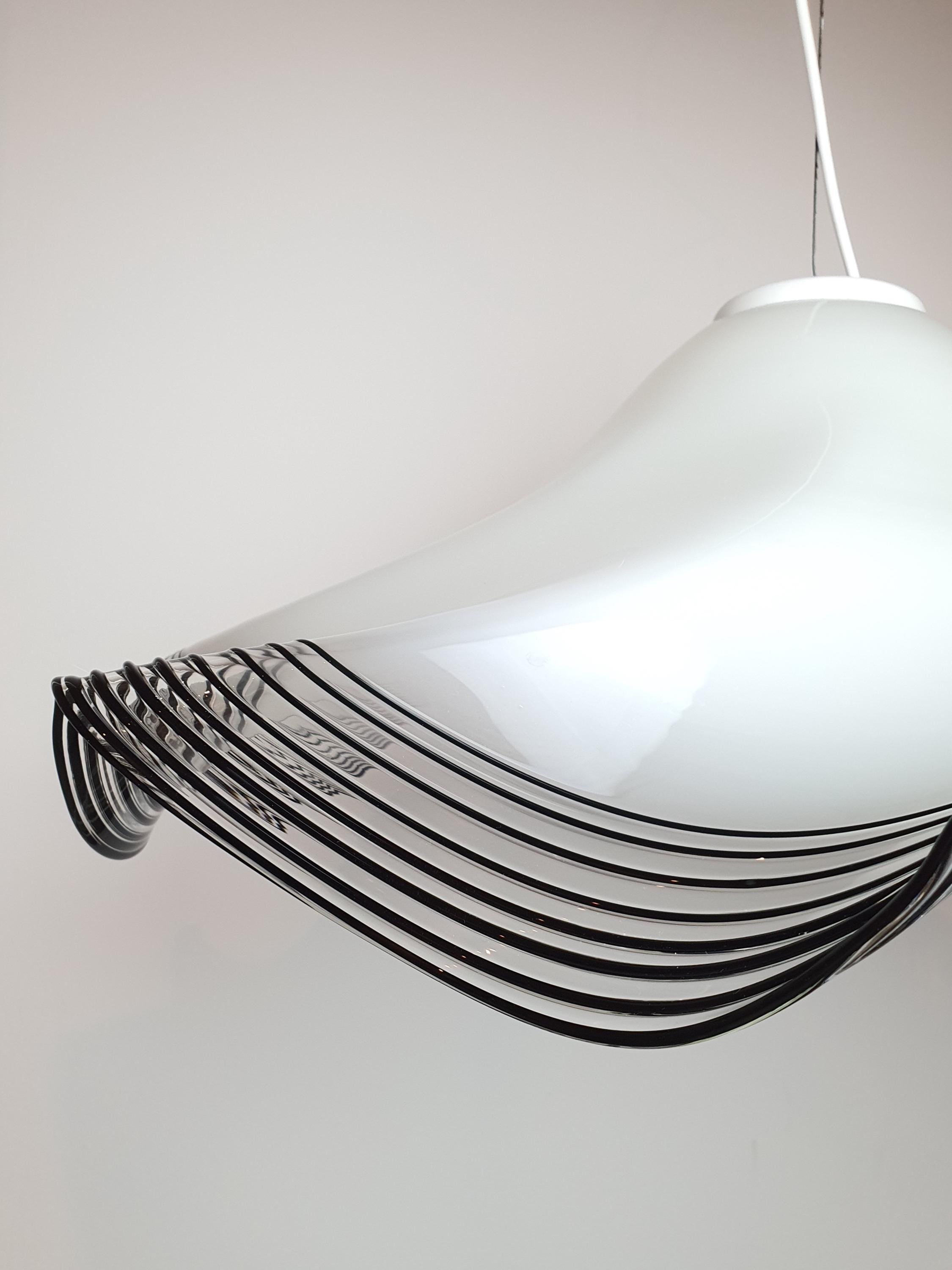 Vintage Murano Glass Pendant Light: Handkerchief Style, Black Stripe Edge