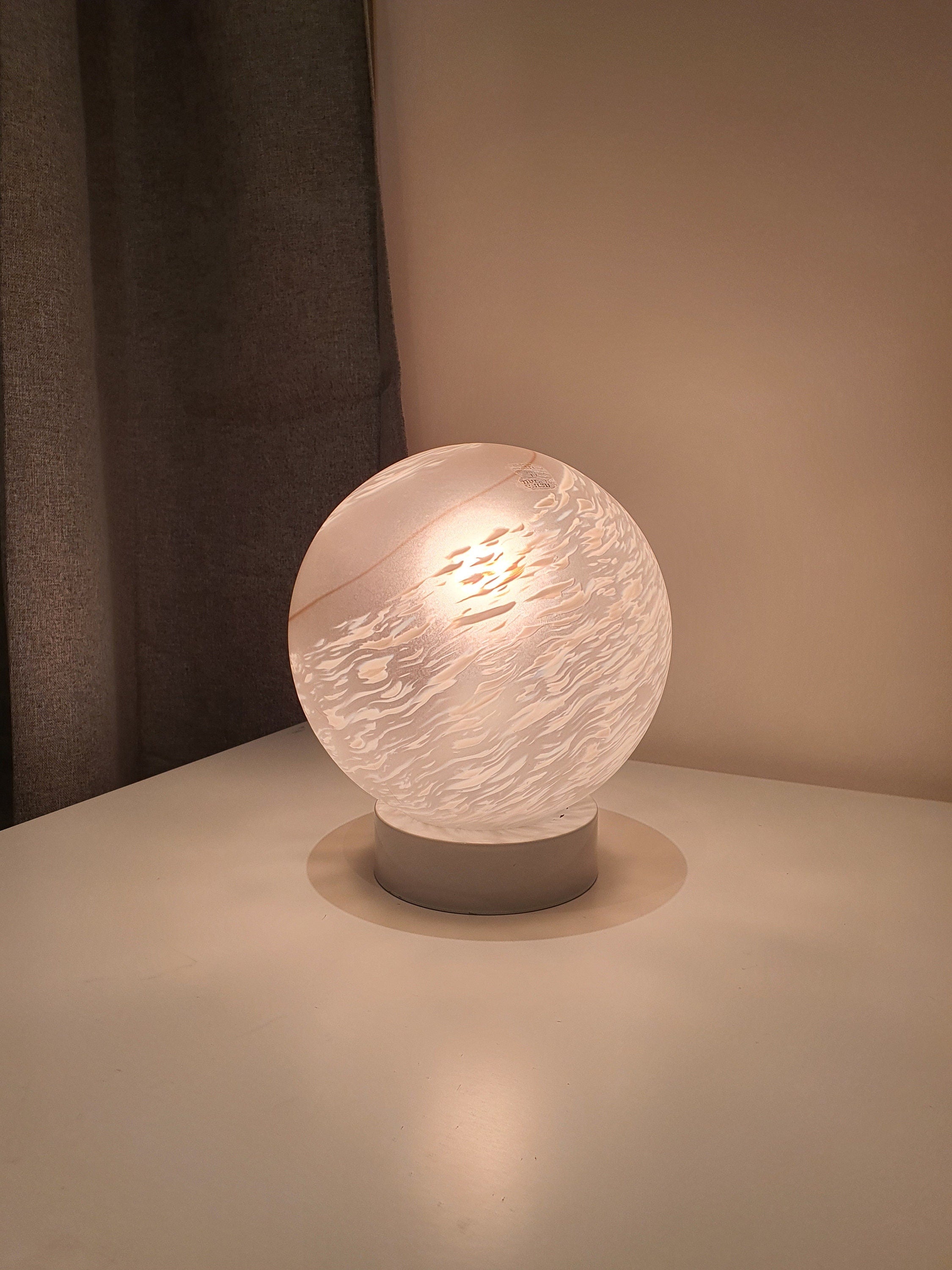 Vintage Murano Glass Table Lamp: White Swirl Globe, Mid-Century Modern Italian Bedside Light