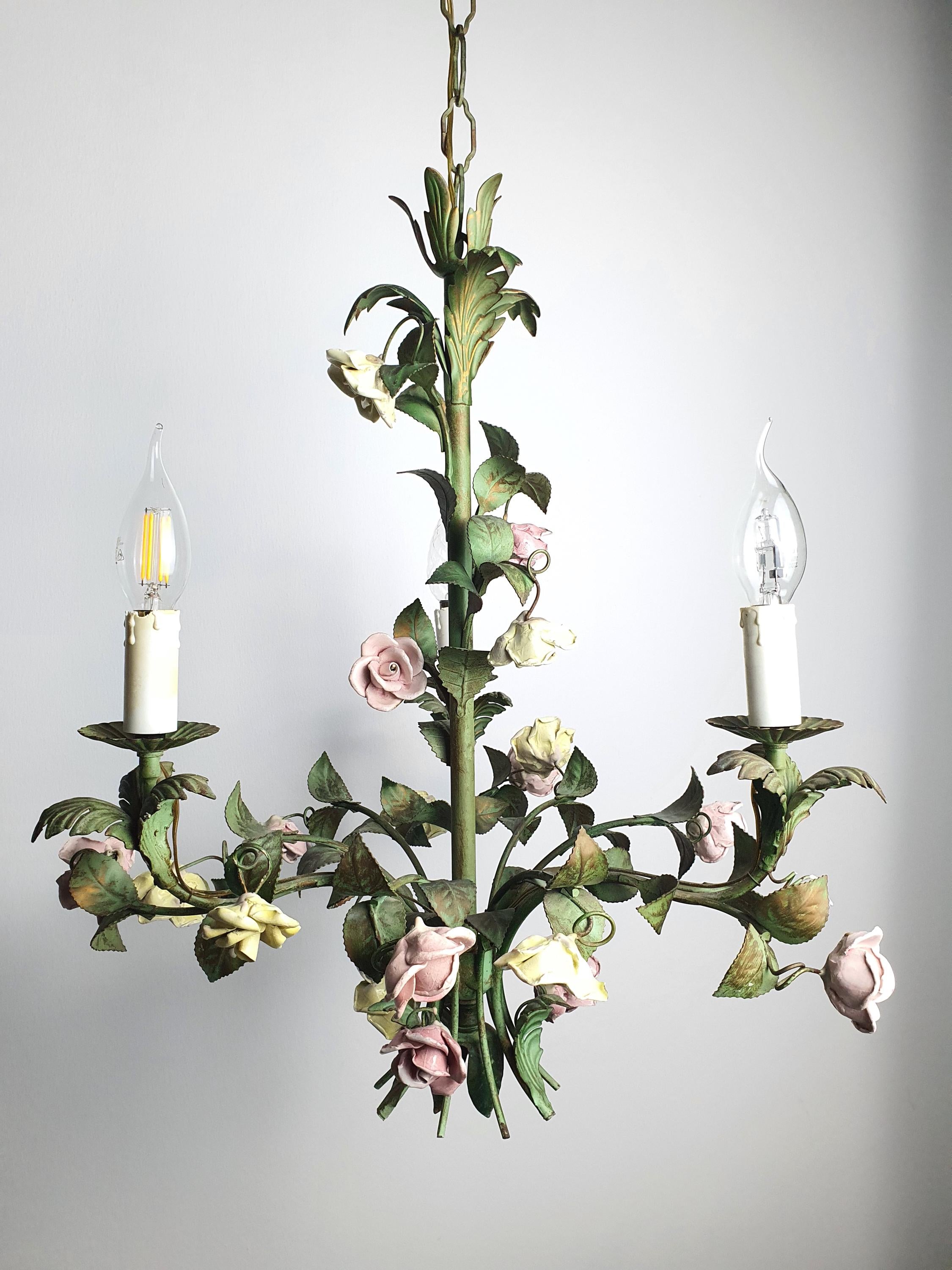 1950s Vintage Italian Green 3-Arm Chandelier with Porcelain Roses | Painted Brass Floral Lighting