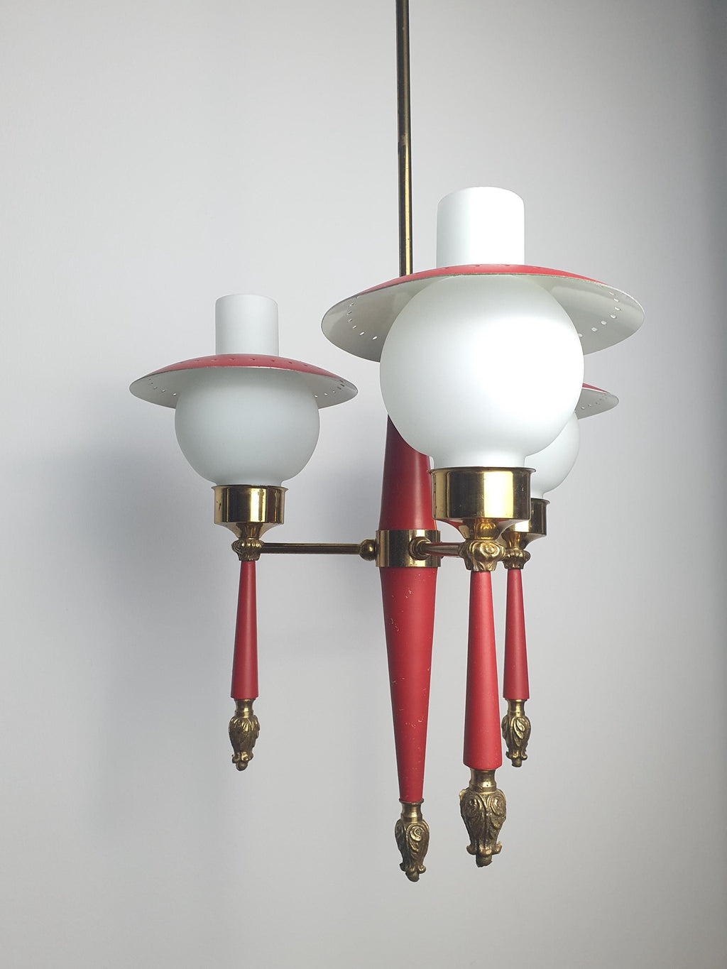 1950s Italian chandelier — patina on brass and red metal, vintage condition