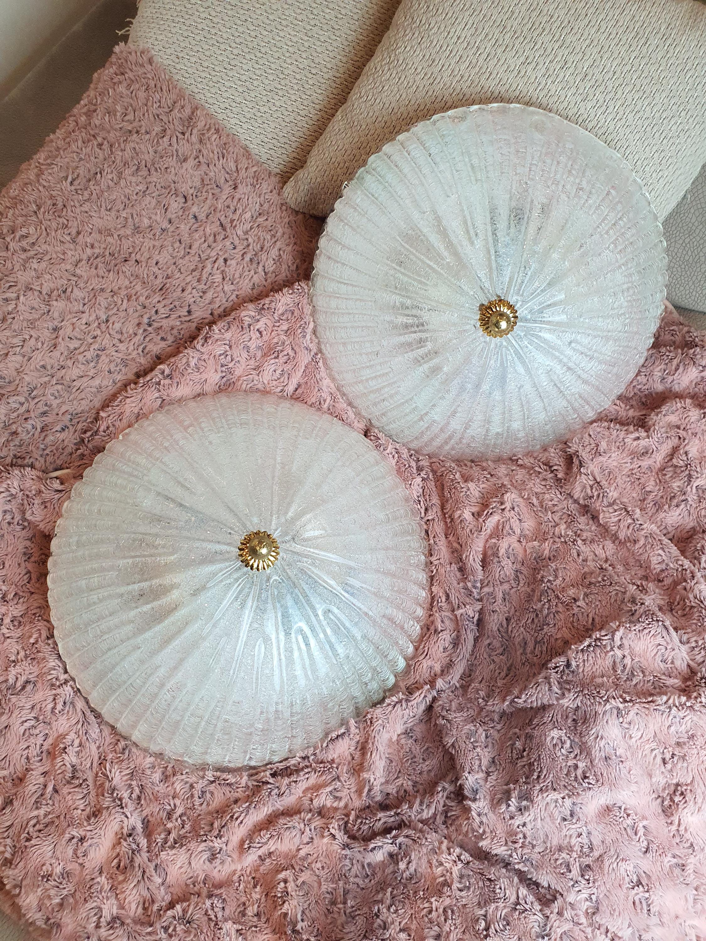 Pair of Vintage Floral Frosted Glass Flush Mount Lights - Midcentury Venetian Design