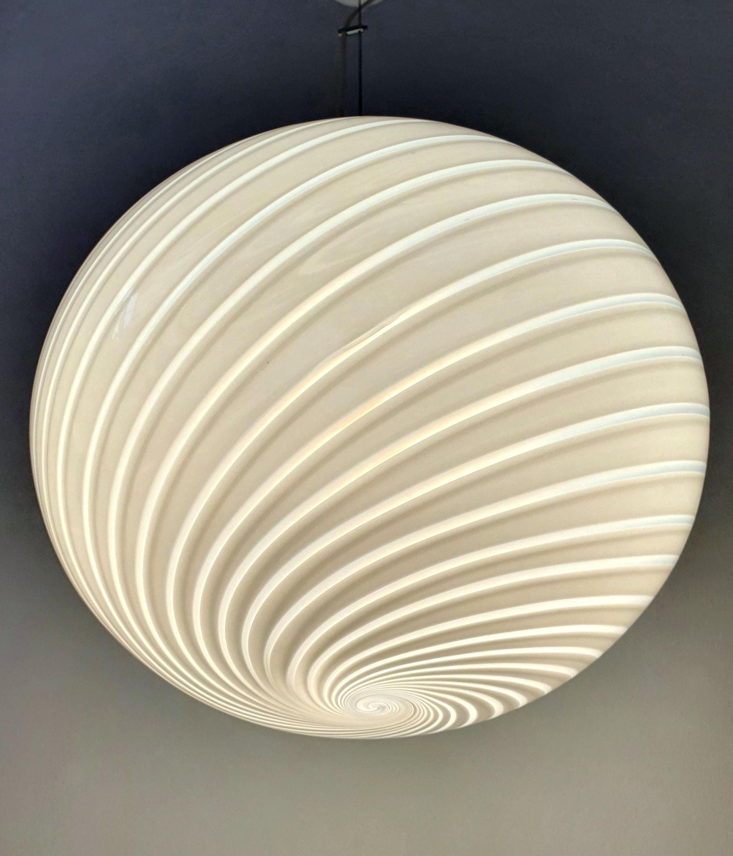 Vintage Murano glass white swirl globe pendant, large hand-blown globe with delicate white swirl pattern, Italy 1960s–1980s