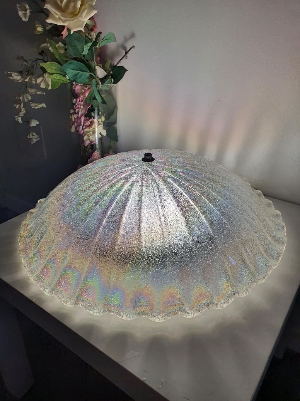 Large vintage Murano glass ceiling light — iridescent shell form, pink green blue petrol, front view