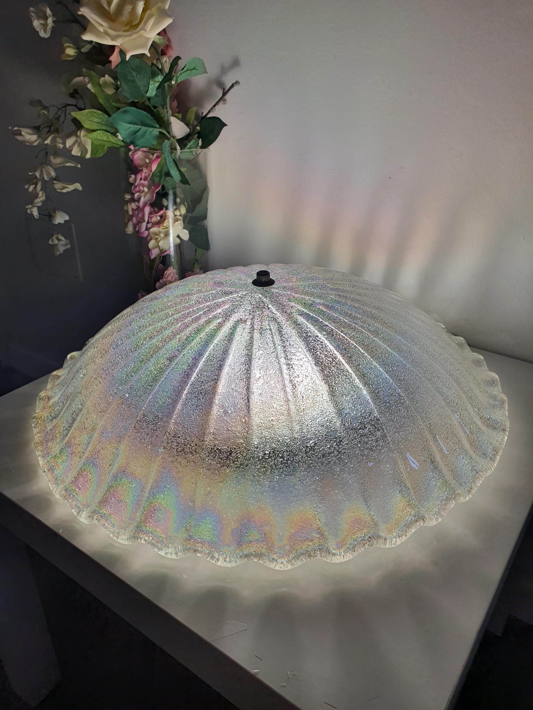 Large vintage Murano glass ceiling light — iridescent shell form, pink green blue petrol, front view
