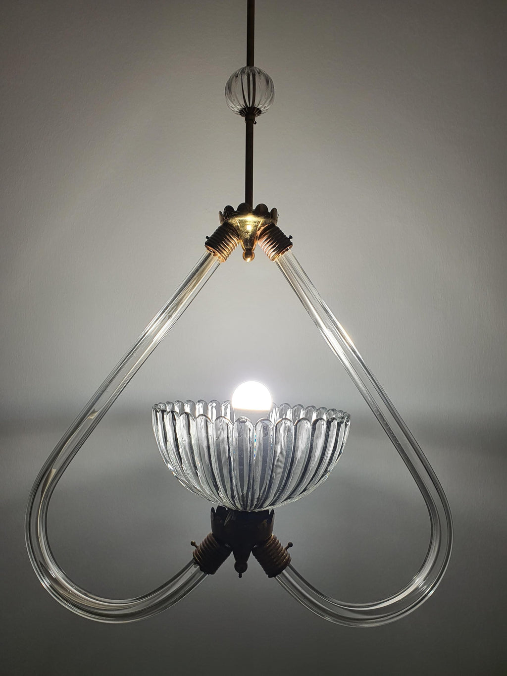 Barovier & Toso attr. Murano glass pendant — brass fitting and new wiring detail