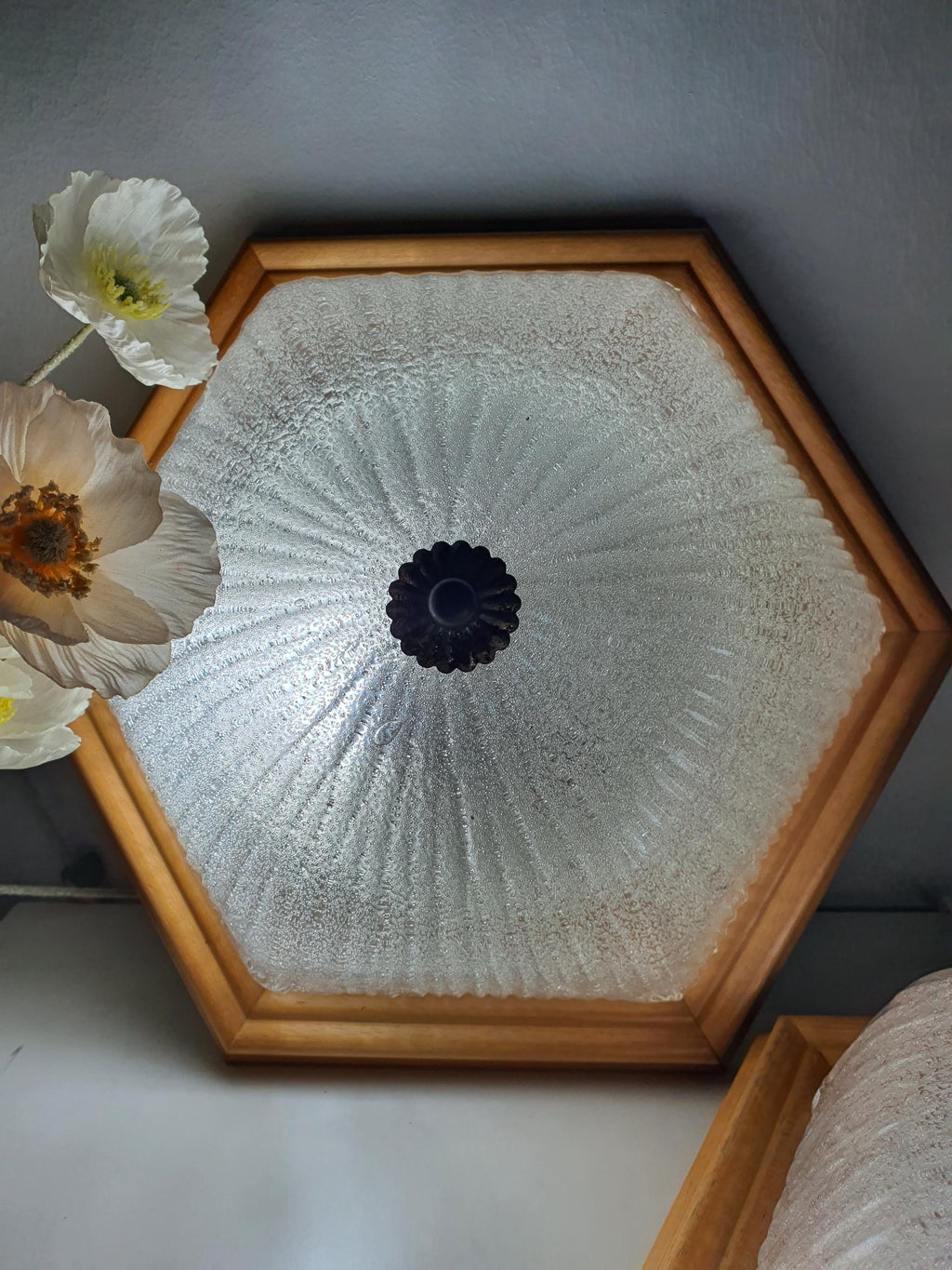 Pair of Vintage Frosted Glass Flush Mount Lights in Wooden Frame | MCM Venetian Design