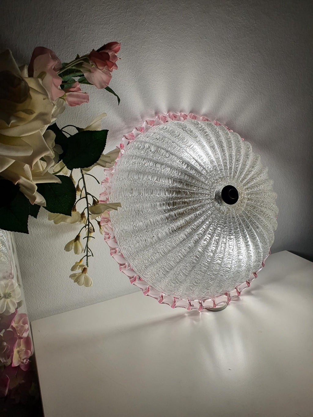 Vintage Floral Murano Glass Flush Mount – Frosted Sand Finish with Pink Edge