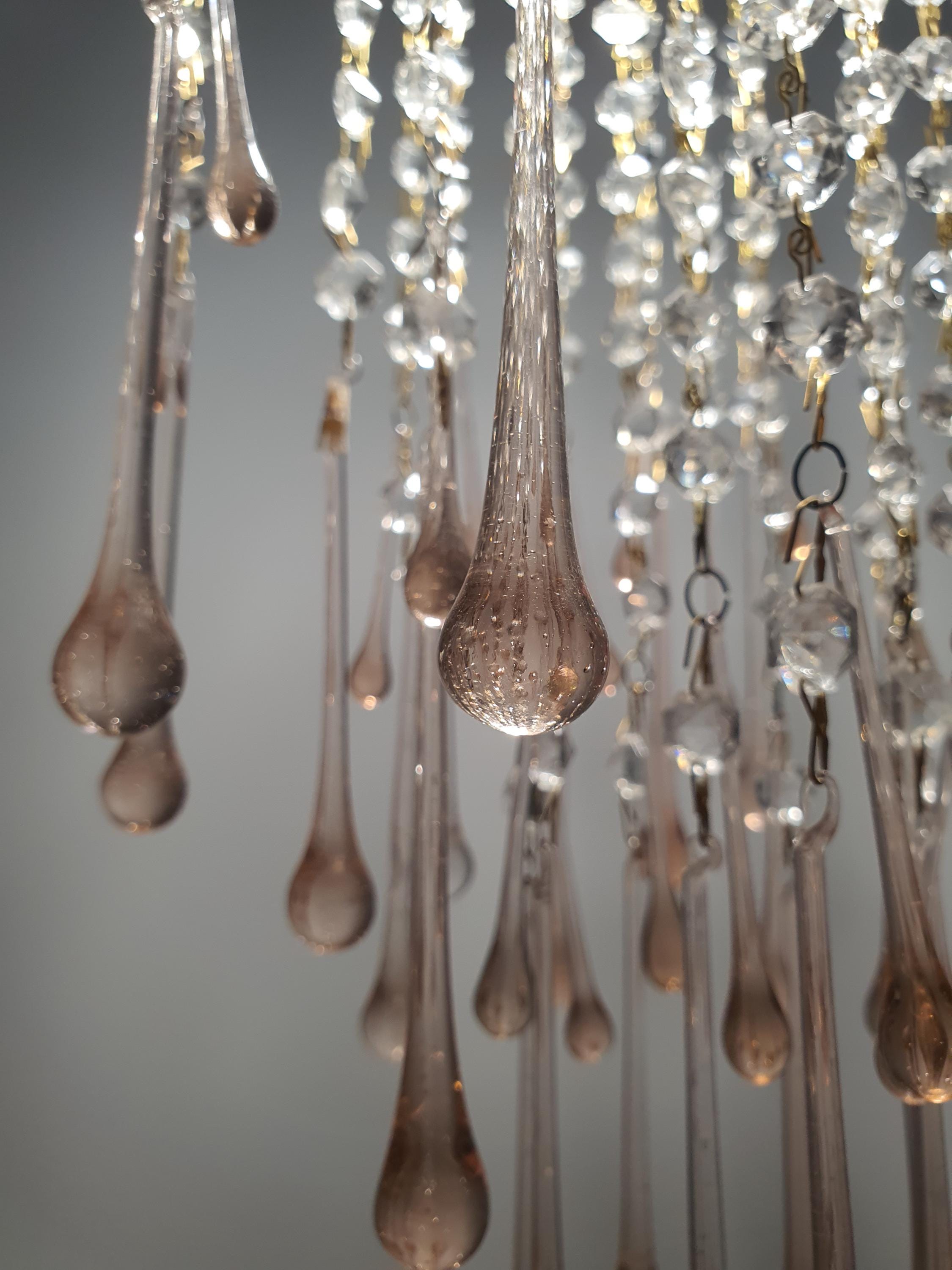 Vintage Murano Glass Chandelier | Double Pink Teardrops Hollywood Regency Cascade Light
