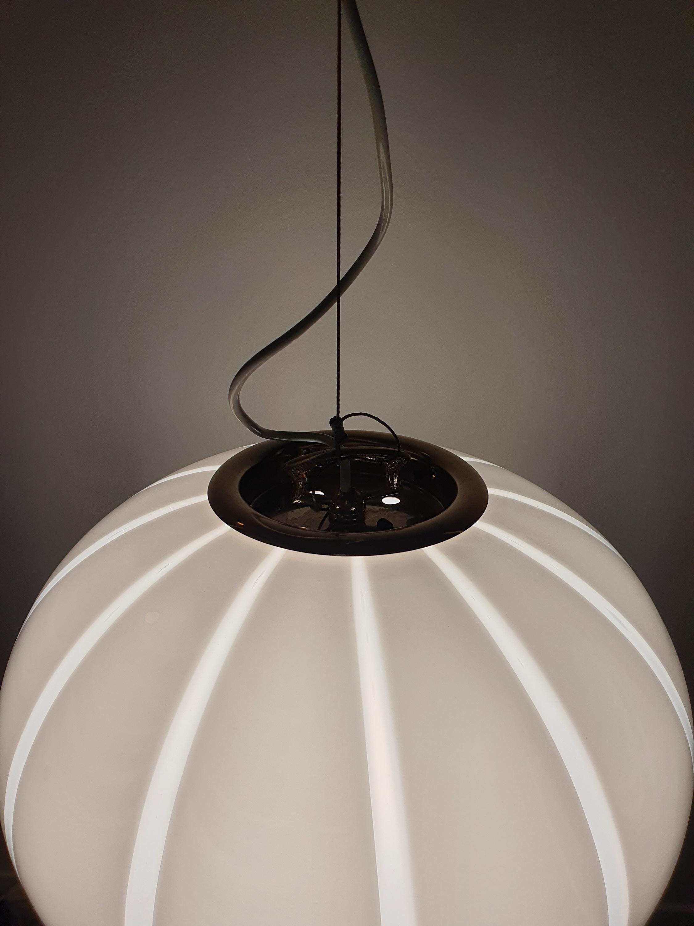 Vintage Murano Glass Globe Pendant Light: Striped White Ball Lamp
