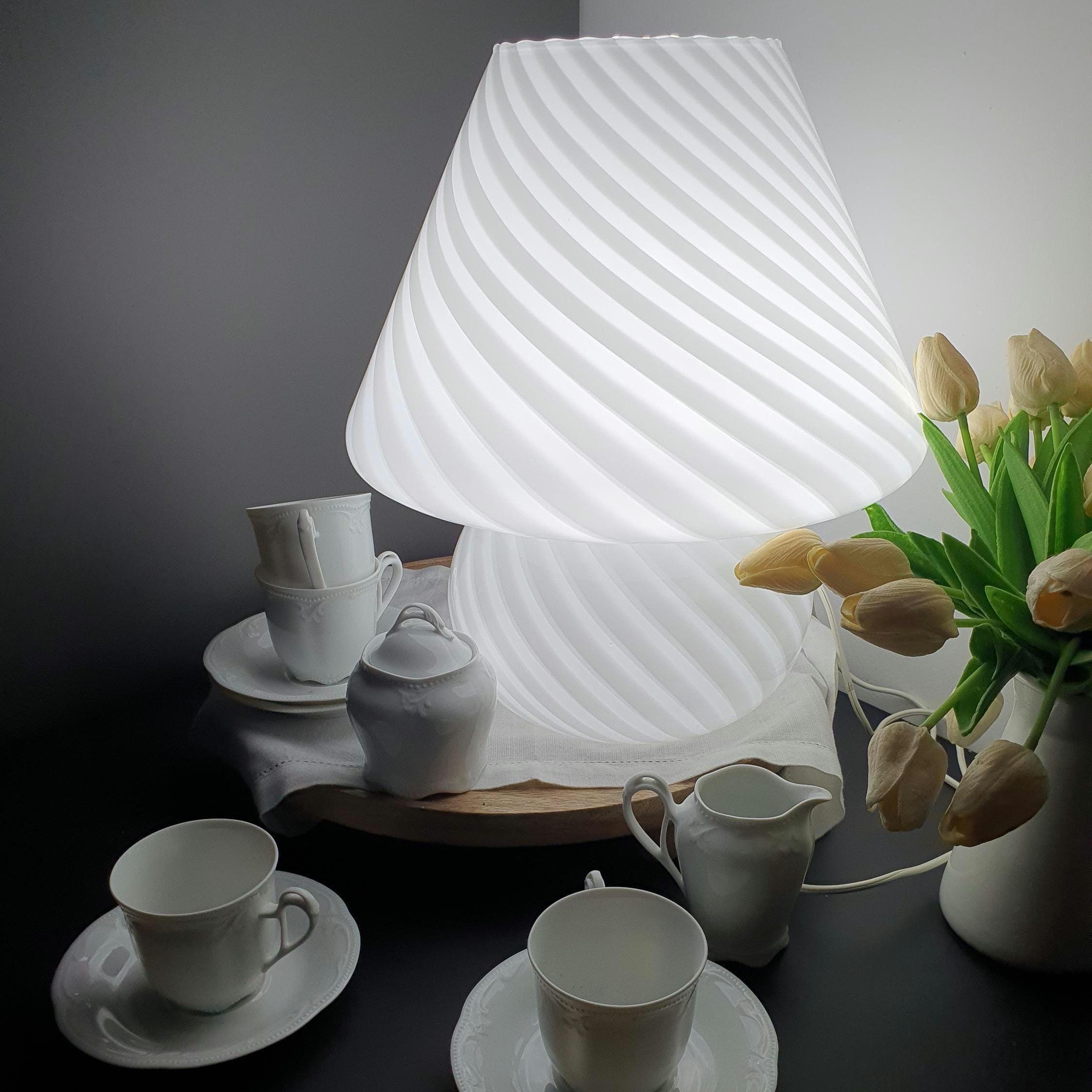 Murano Glass Mushroom Table Lamp: 1970s Swirl White Bedside Light