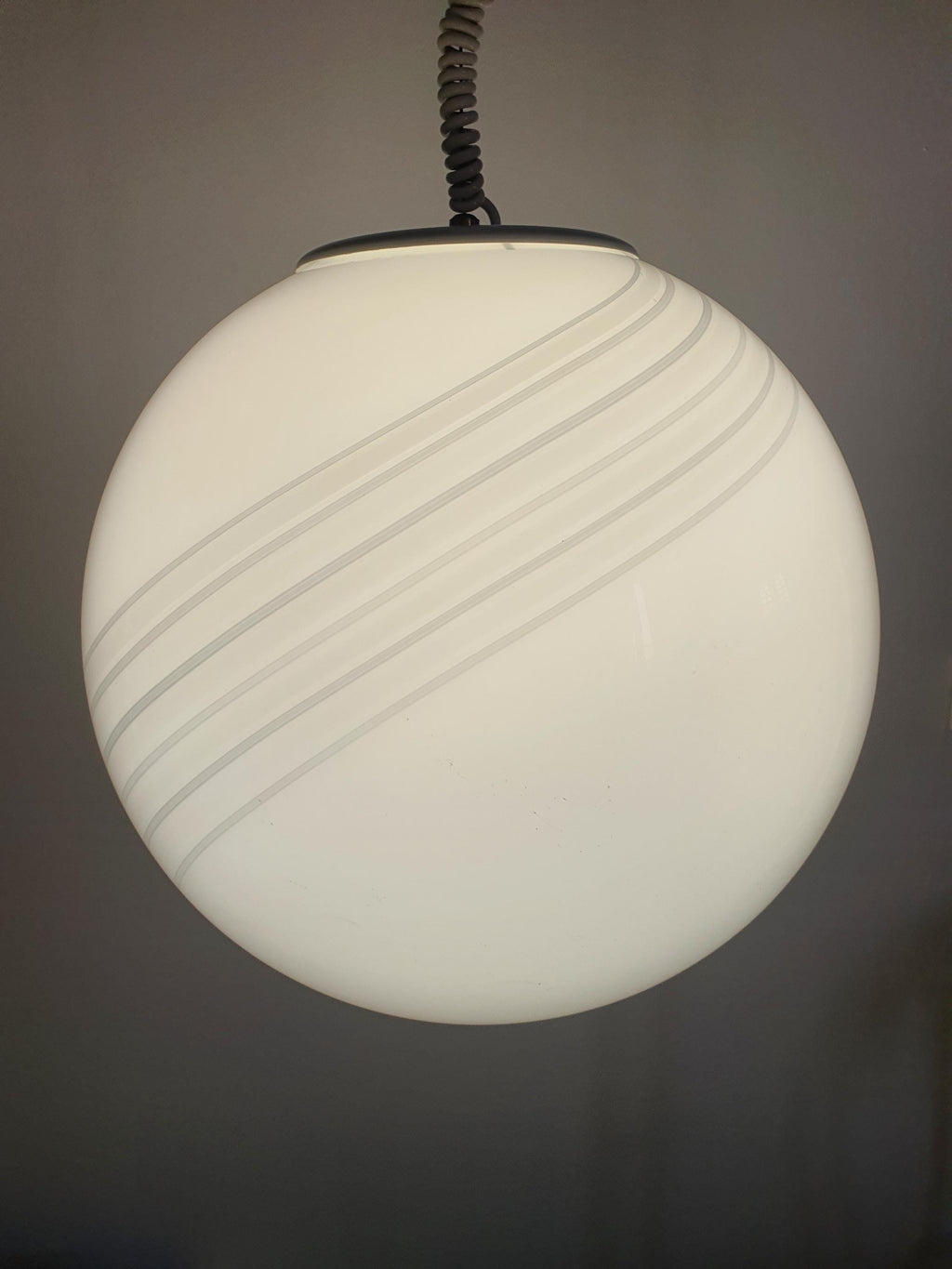 Murano Glass Globe Pendant Light: White Gray Swirl, Retro Scandinavian Decor
