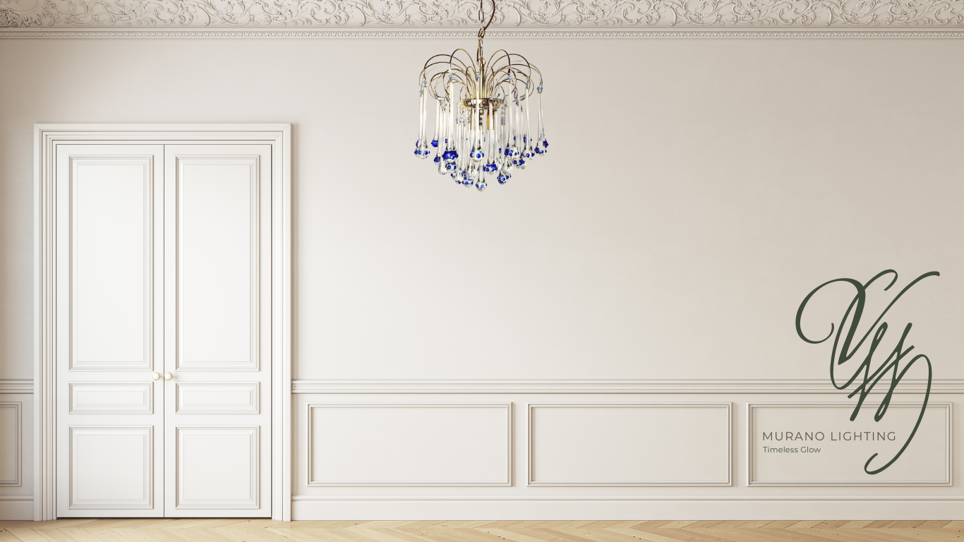 Chandelier hanging in a room with white walls and a door, featuring the Murano Lighting logo.