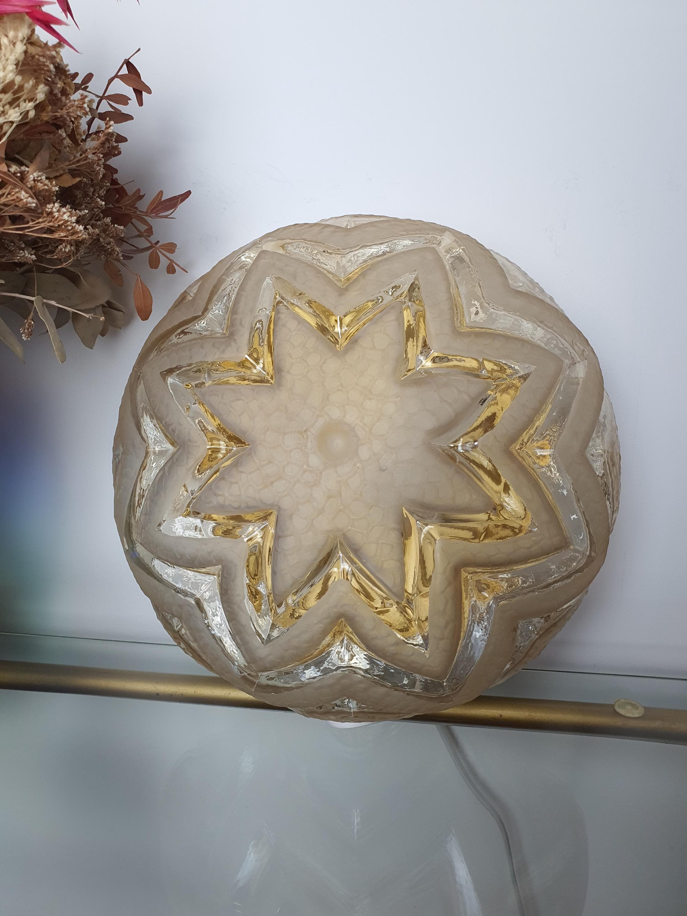 Art Deco Ceiling Light in Stamped Clear Glass | Matte Star Pattern, Bronze Base