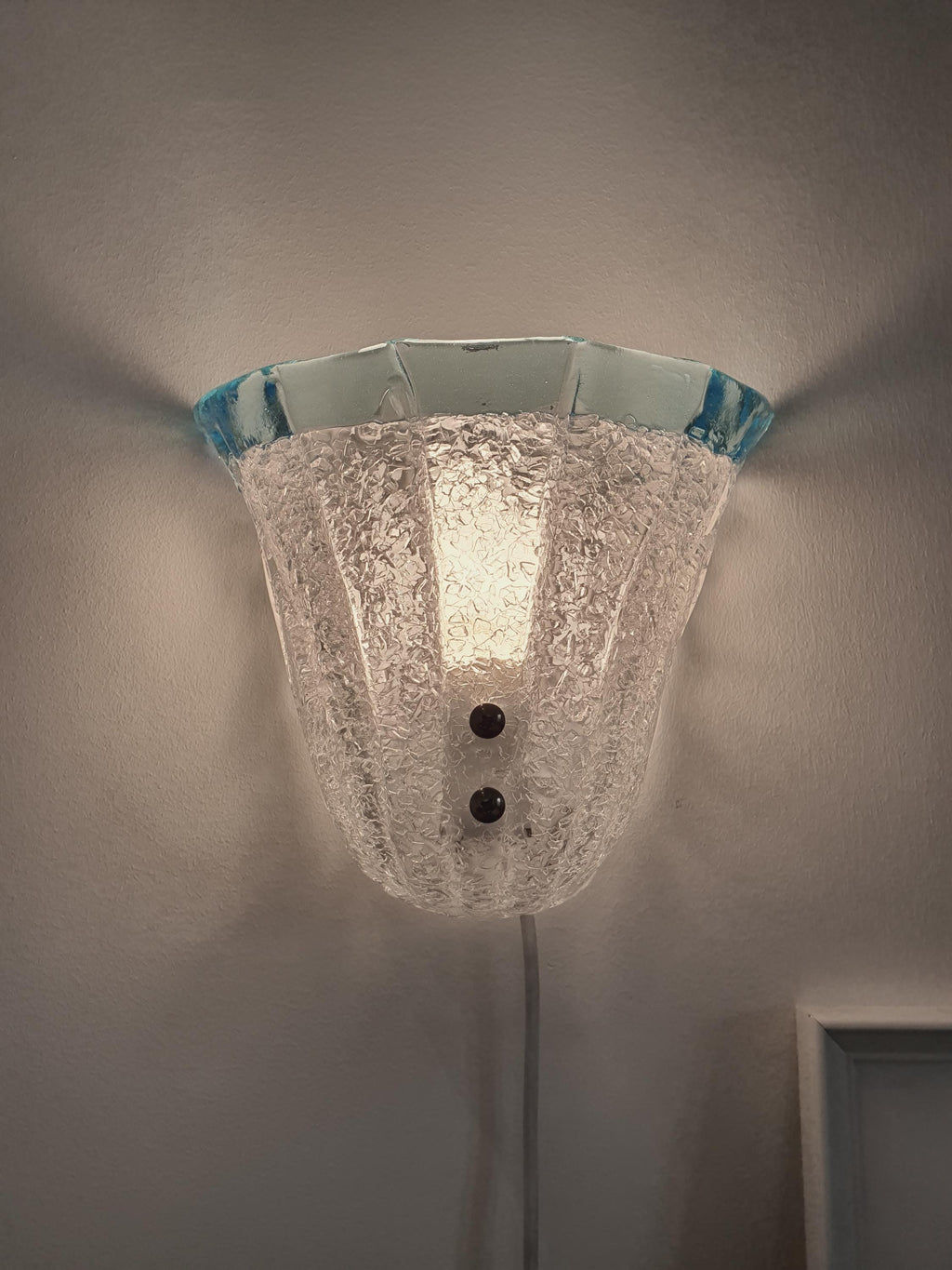 Vintage Murano Glass Floral Wall Sconce: Frosted Clear & Light Blue