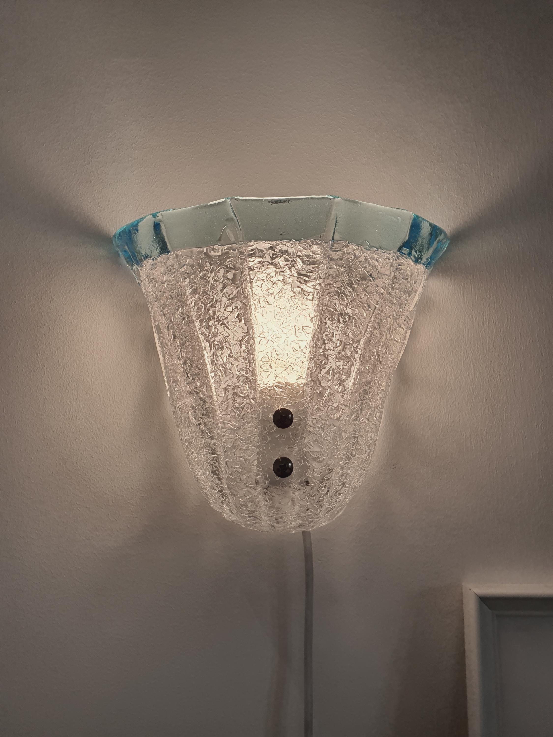 Vintage Murano Glass Floral Wall Sconce: Frosted Clear & Light Blue
