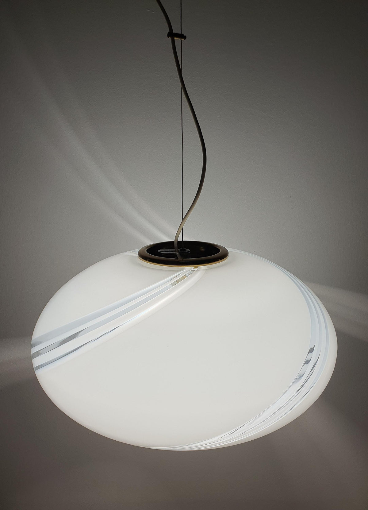 Vintage Murano white swirl glass globe pendant front view, large 48cm hand-blown globe, golden base, soft warm diffusion