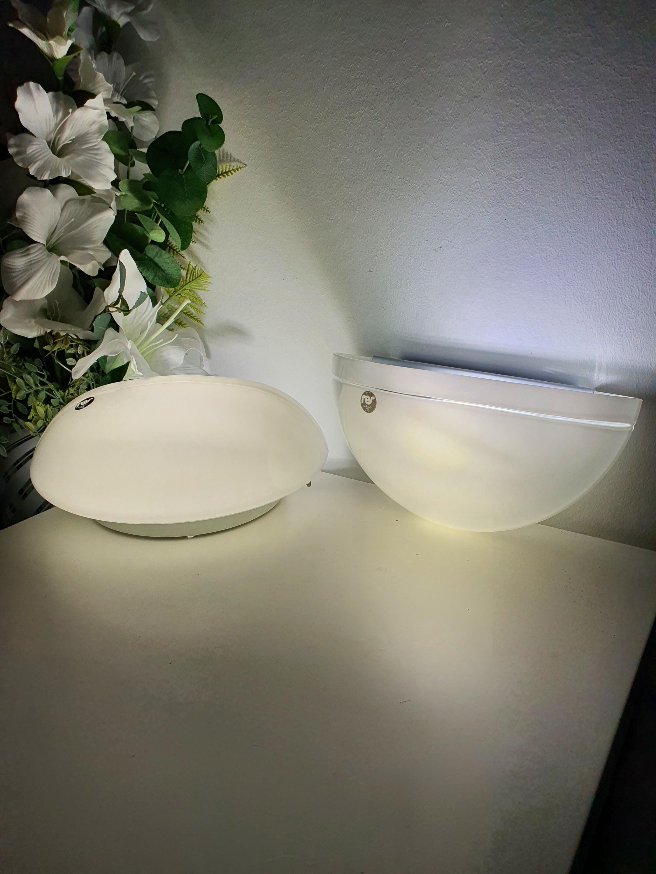 RES Murano Glass Pair Vintage Minimalist Half Moon White Wall Sconces