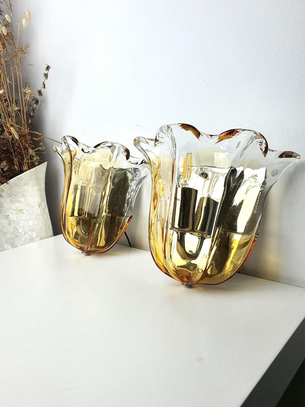 Pair of La Murrina Murano glass caramel tulip wall sconces chrome