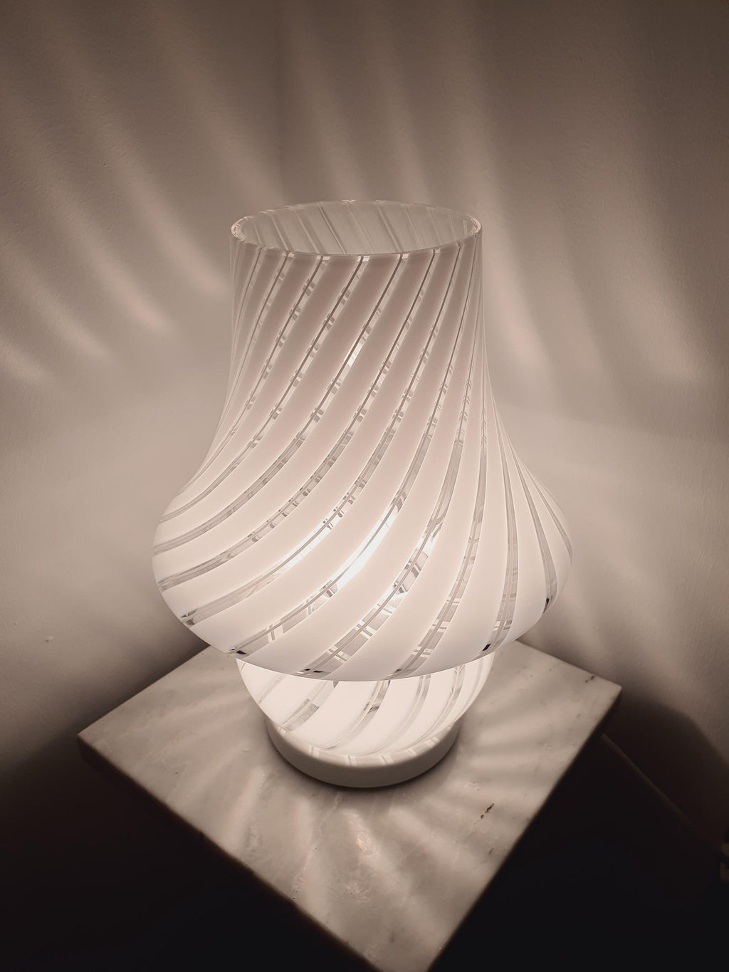 Vintage Murano Glass Mushroom Lamp: White Swirl, 1970s Italian Lighting