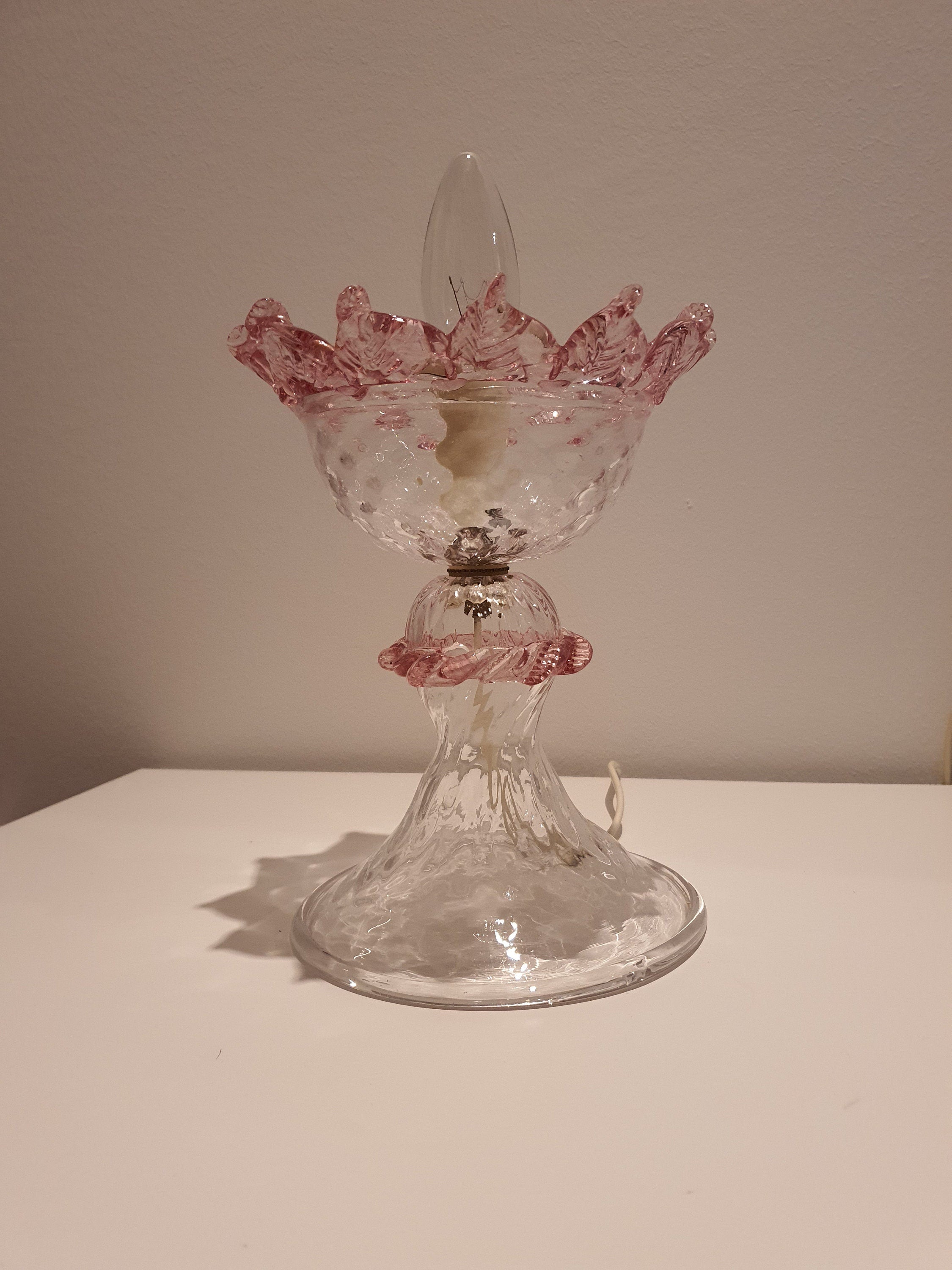 Vintage Murano Glass Tulip Table Lamp: Pink Floral Bedside Light