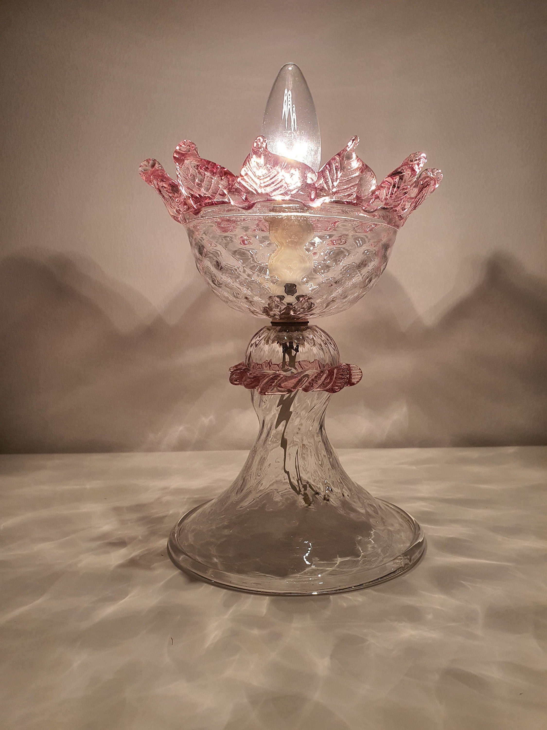 Vintage Murano Glass Tulip Table Lamp: Pink Floral Bedside Light