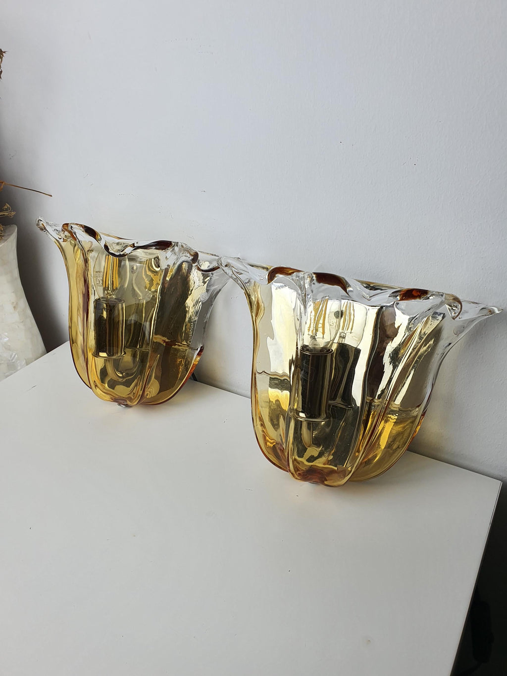 Pair of La Murrina Murano Glass Caramel Wall Sconces Clear Tulip Chrome
