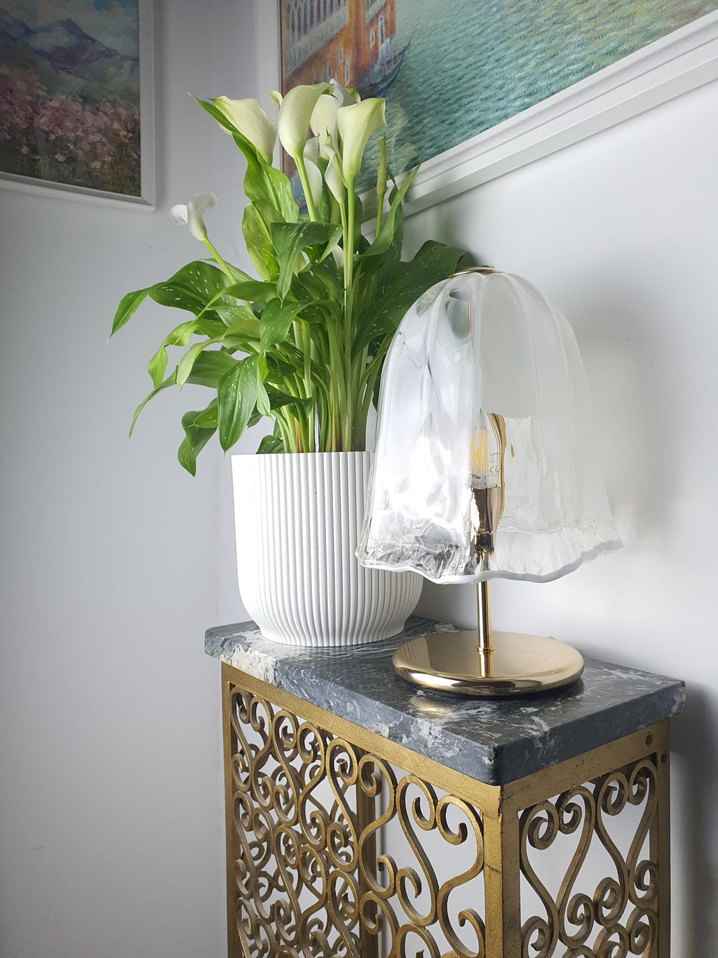 La Murrina Vintage Murano Glass White & Clear Floral Bedside Lamp