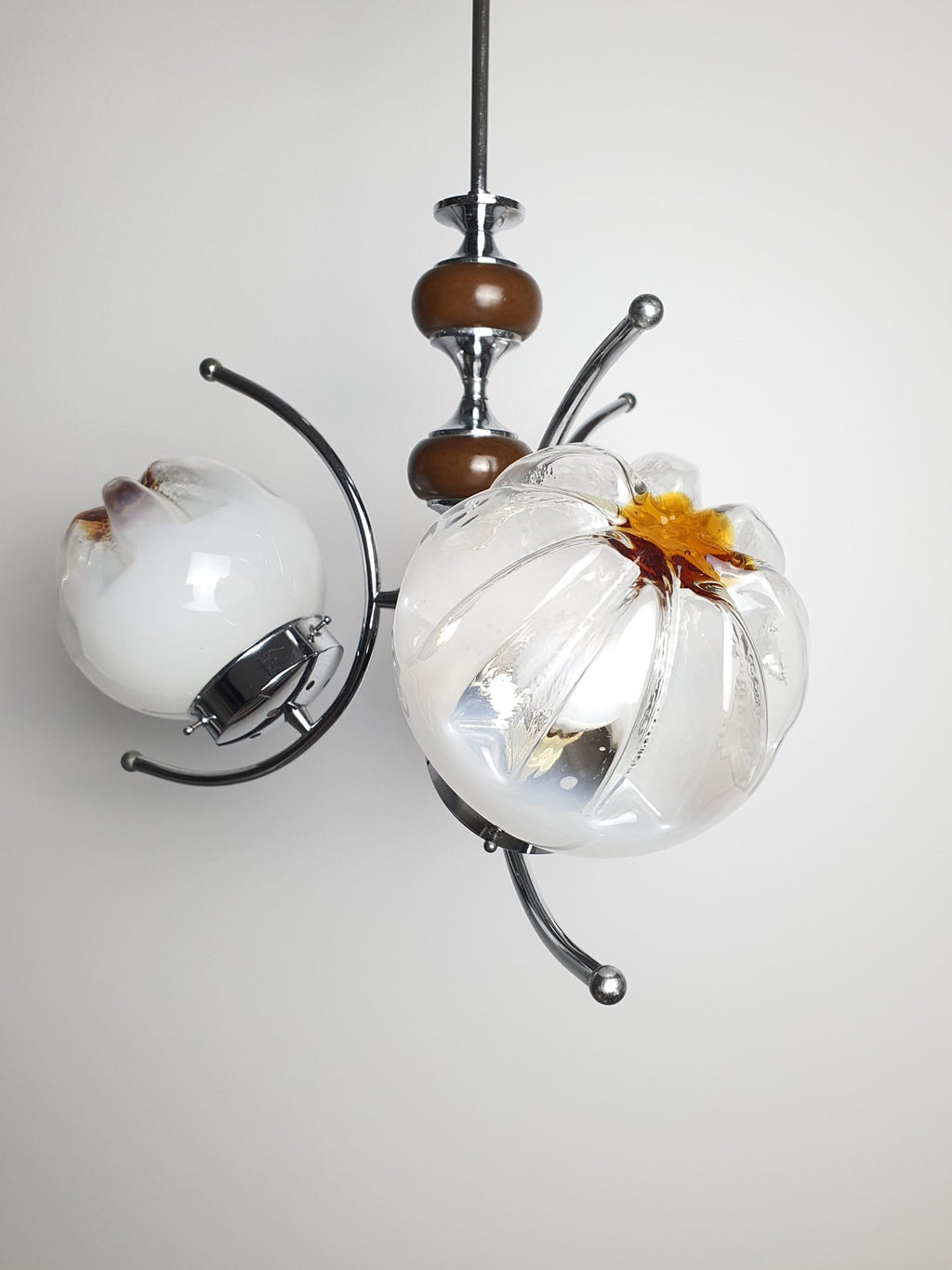 Vintage Murano Glass Chandelier | Mazzega Style | 3-Arm Globes | Chrome & Wooden Base