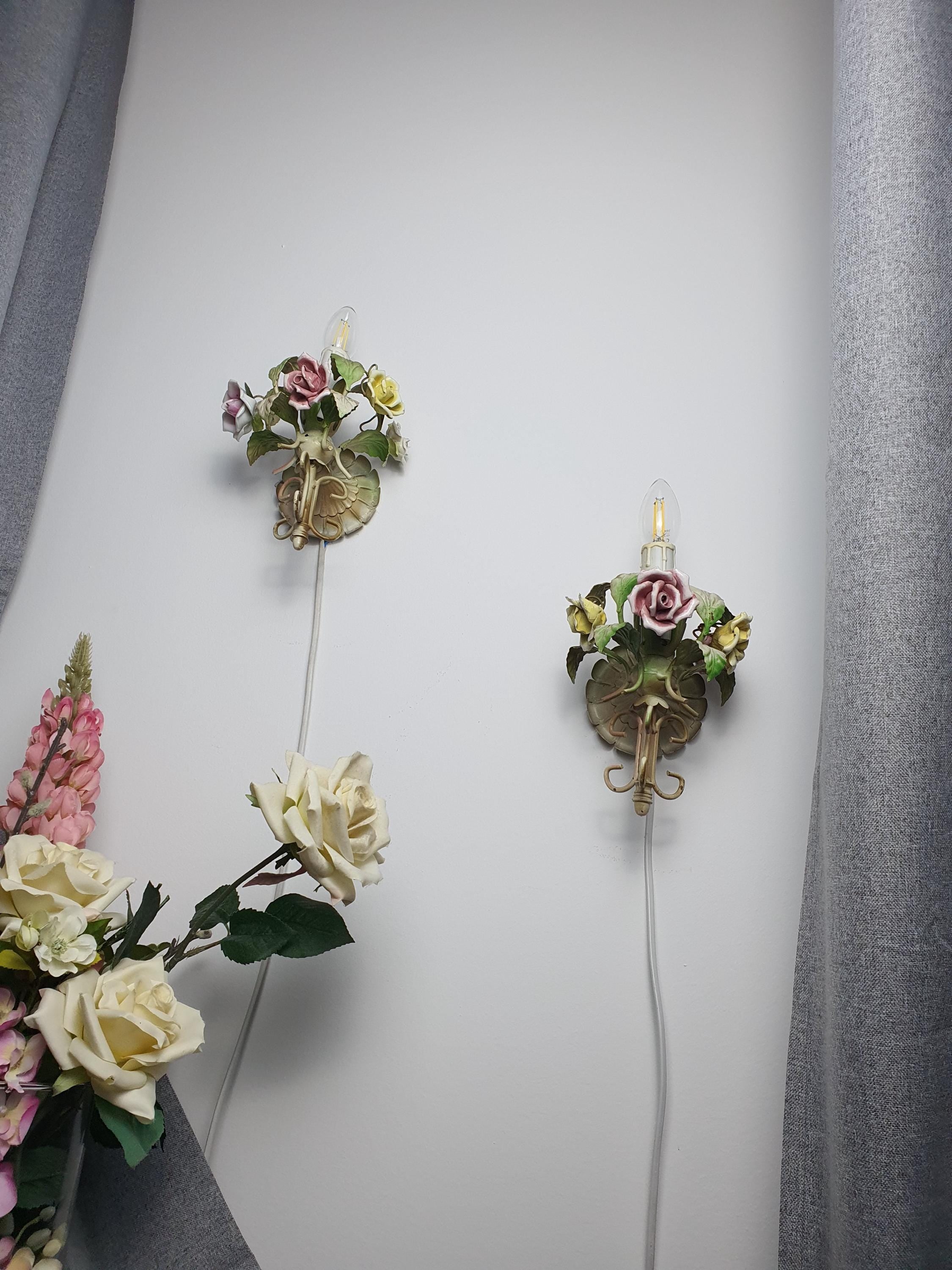 Italian tole wall sconce — hand-applied porcelain roses detail, green metal frame