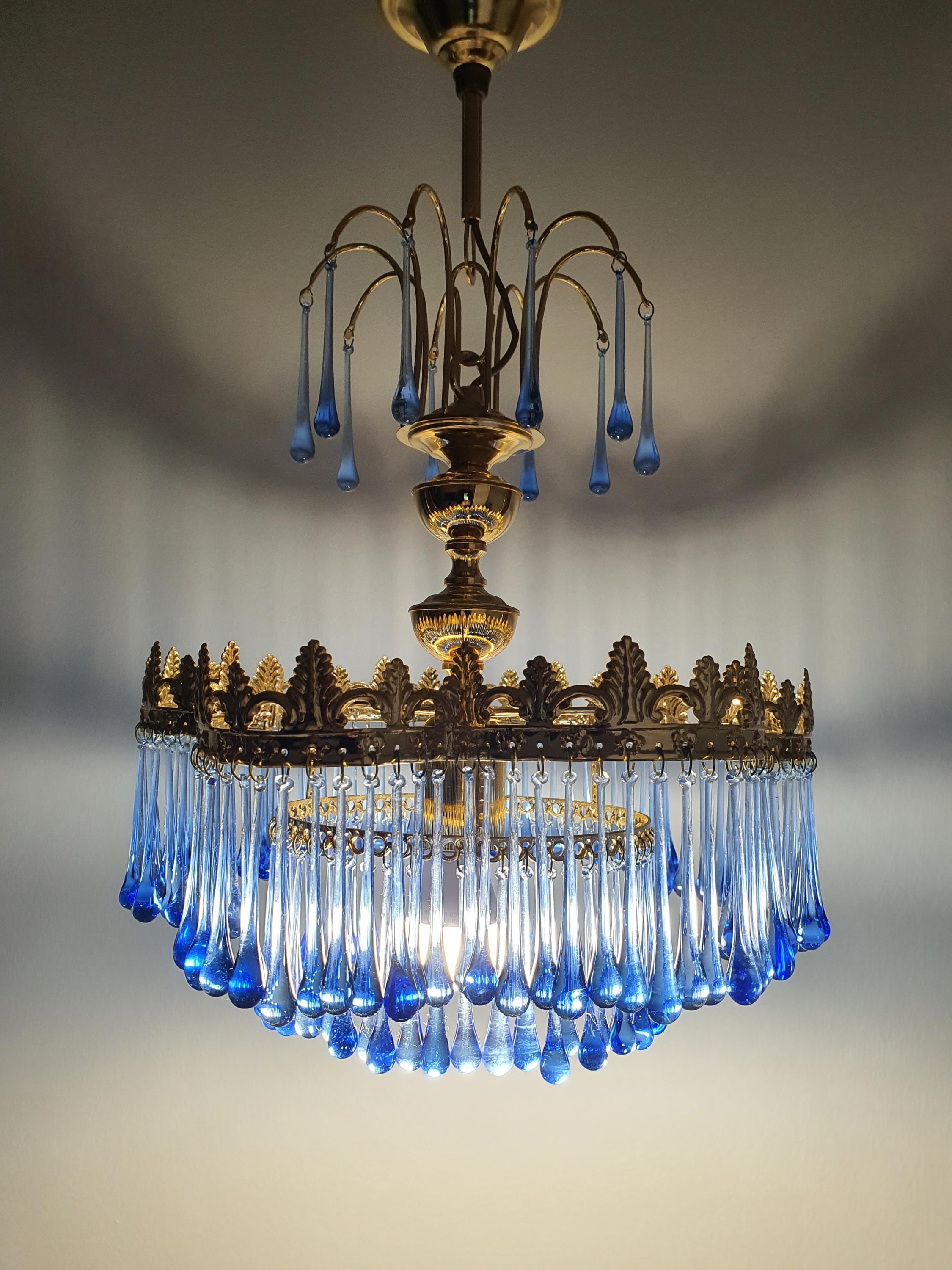 Small Vintage Teardrop Cascade Chandelier with Navy Blue Glass Drops on Gold Base | Hollywood Regency Lighting