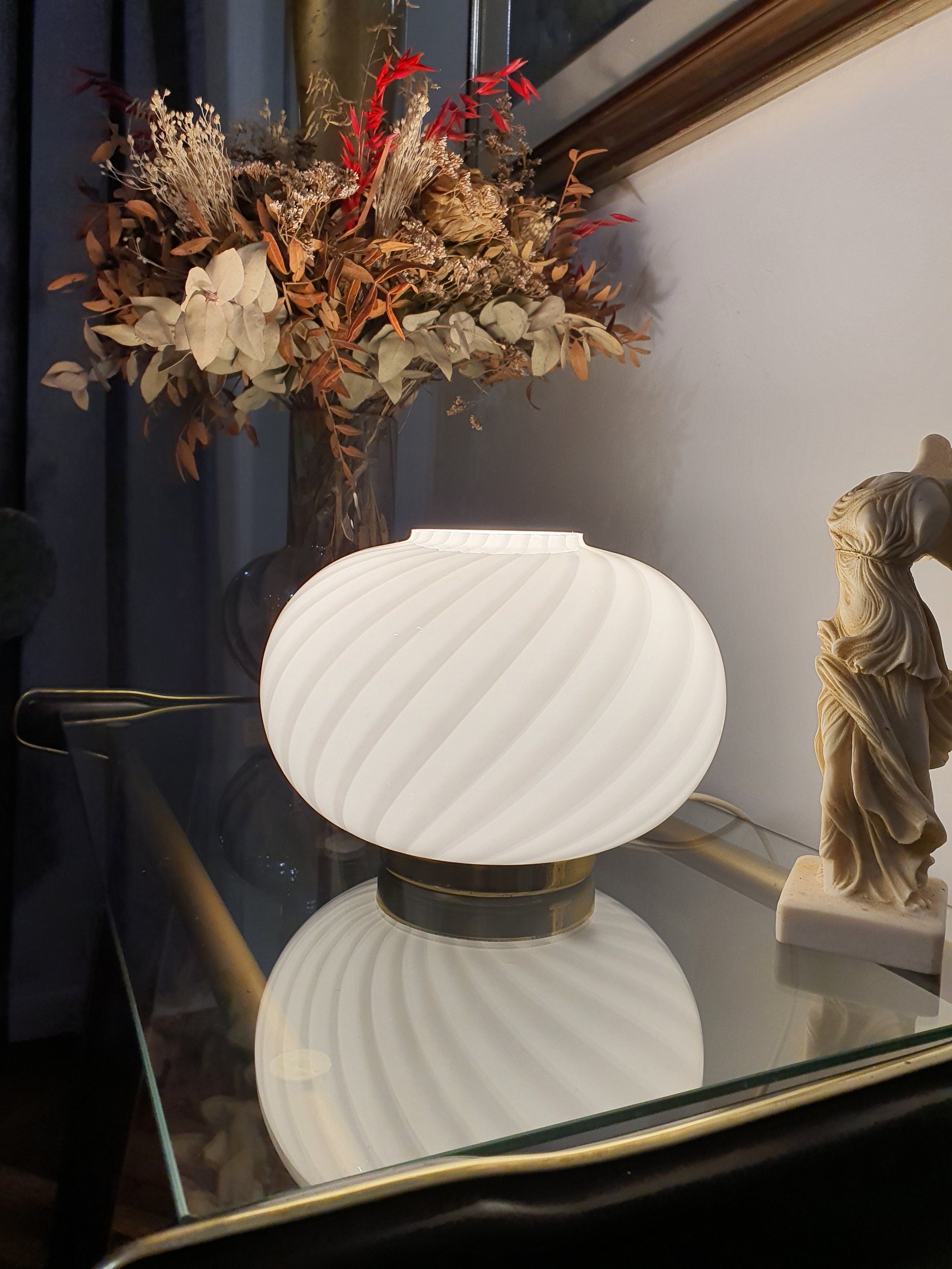 Murano Glass Table Lamp: White Swirl Globe, Golden Base, MCM Bedside Light