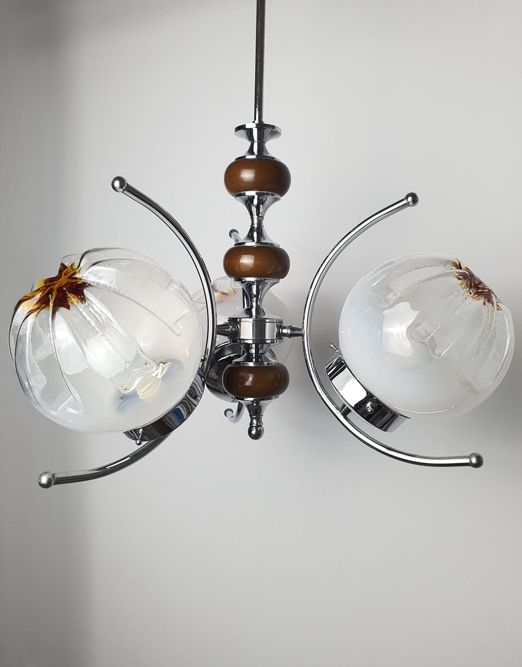 Vintage Murano Glass Chandelier | Mazzega Style | 3-Arm Globes | Chrome & Wooden Base