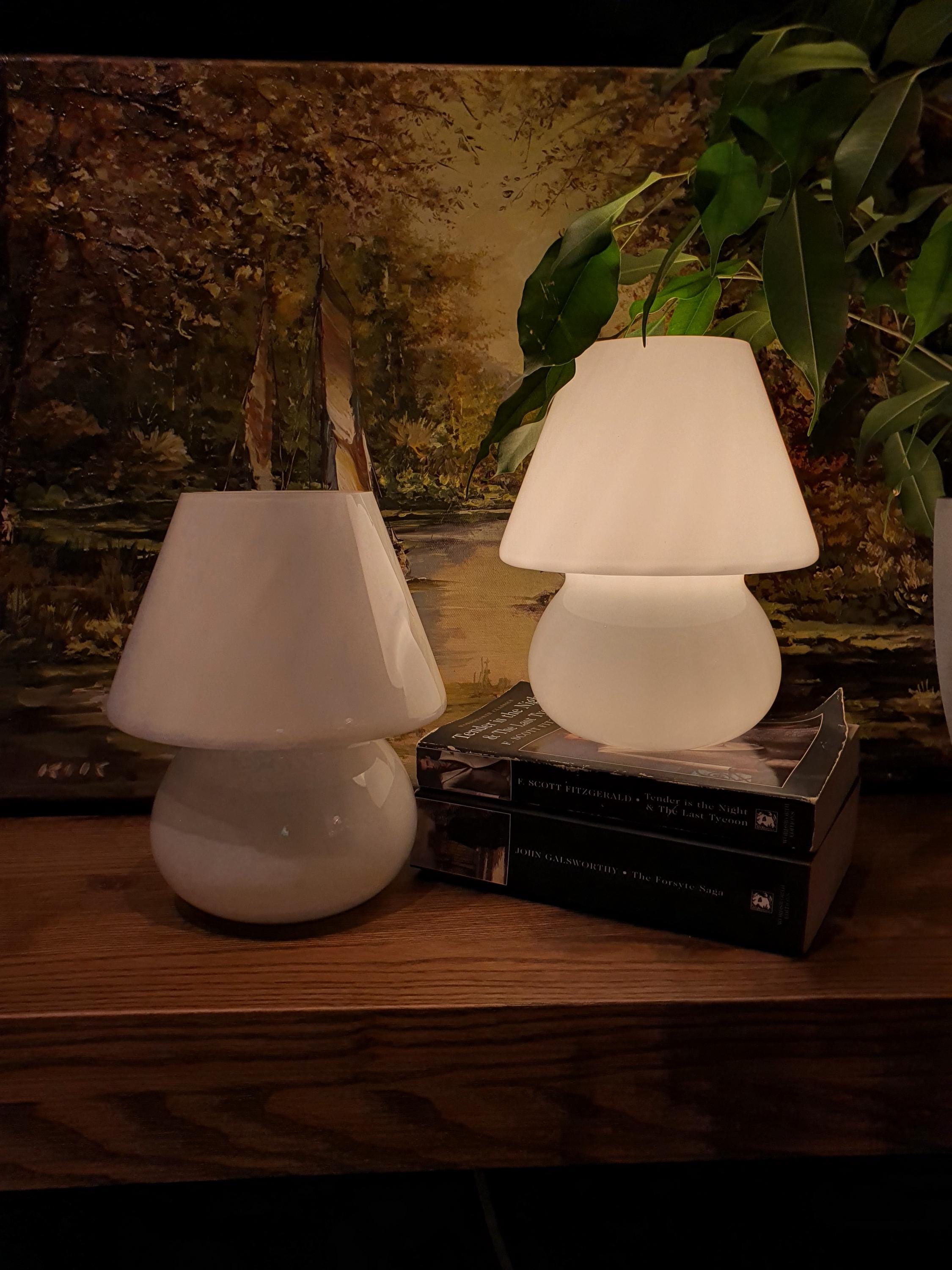Vintage Murano Glass Mushroom Lamps: White Swirl Bedside Lighting