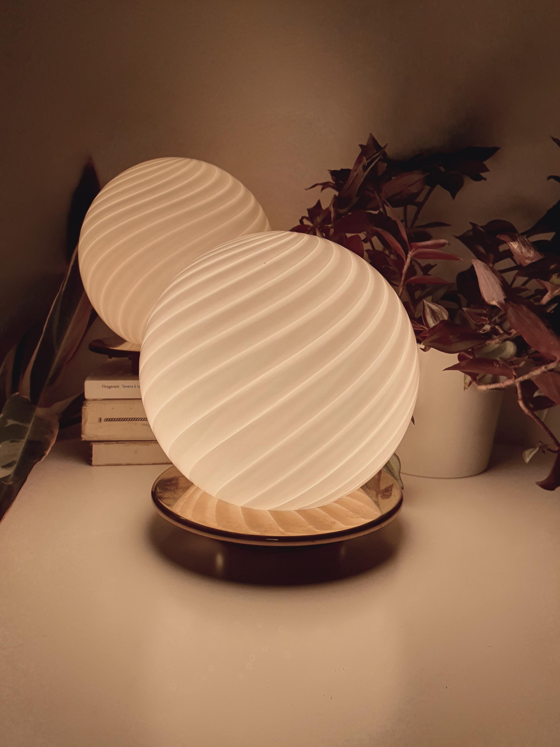 Murano Glass Table Lamps: White Swirl Globe, Brass Base, Mid-Century Modern