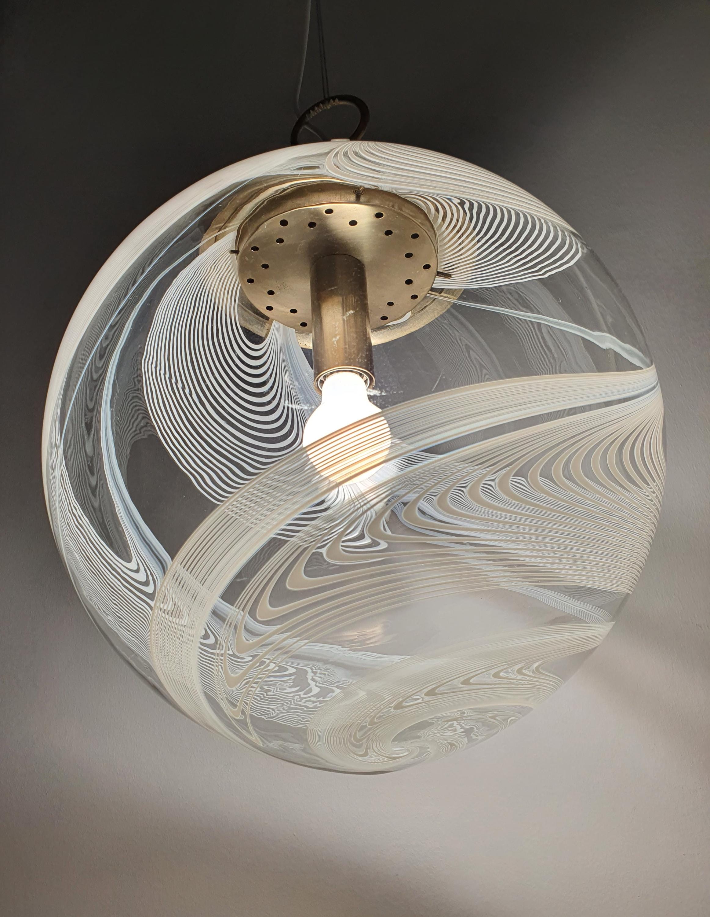 La Murrina Murano clear glass white swirl globe bubble pendant light on golden base