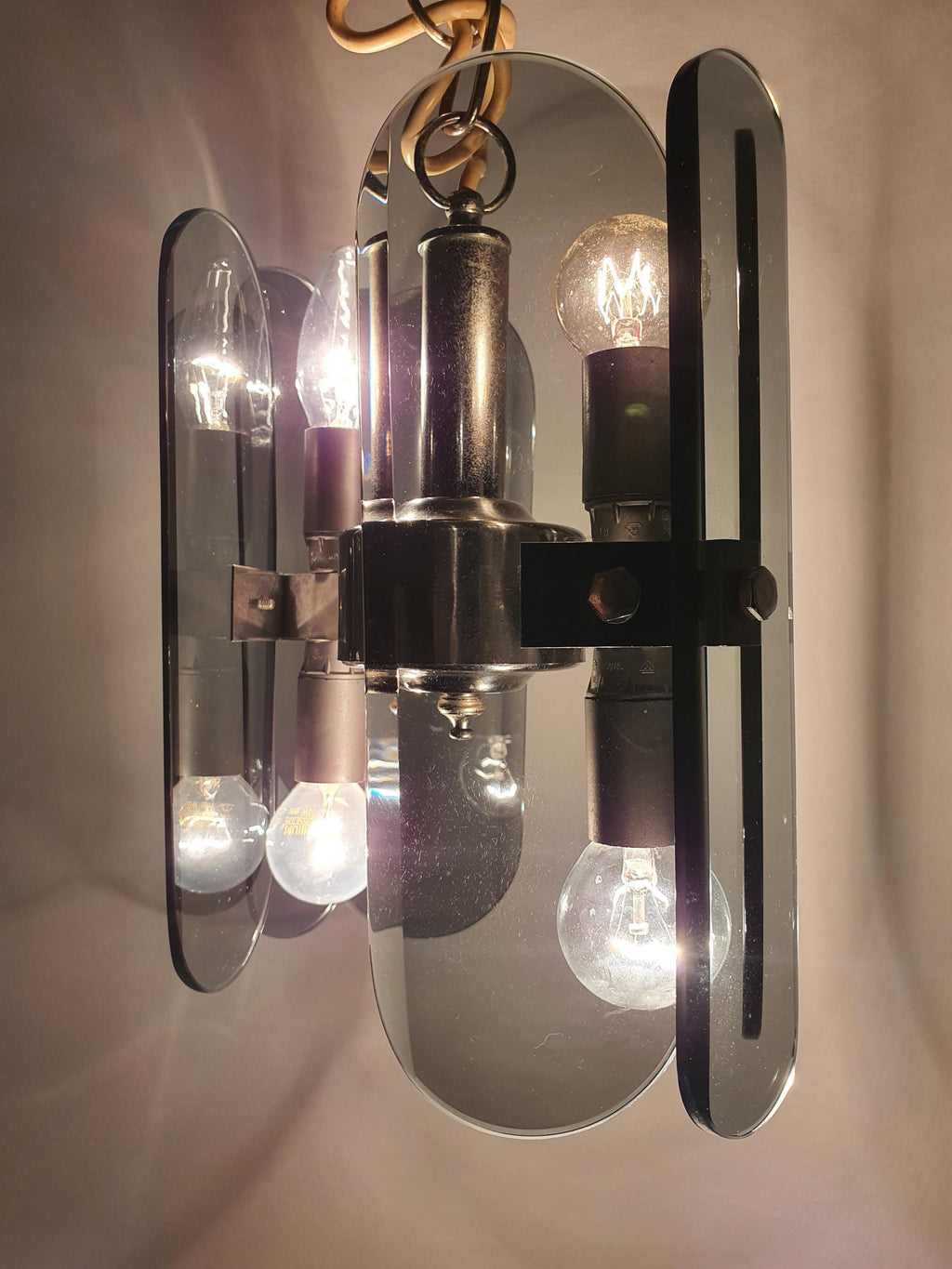 Veca Bottle Glass Chandelier: Mid-Century Modern Italian Chrome Lamp