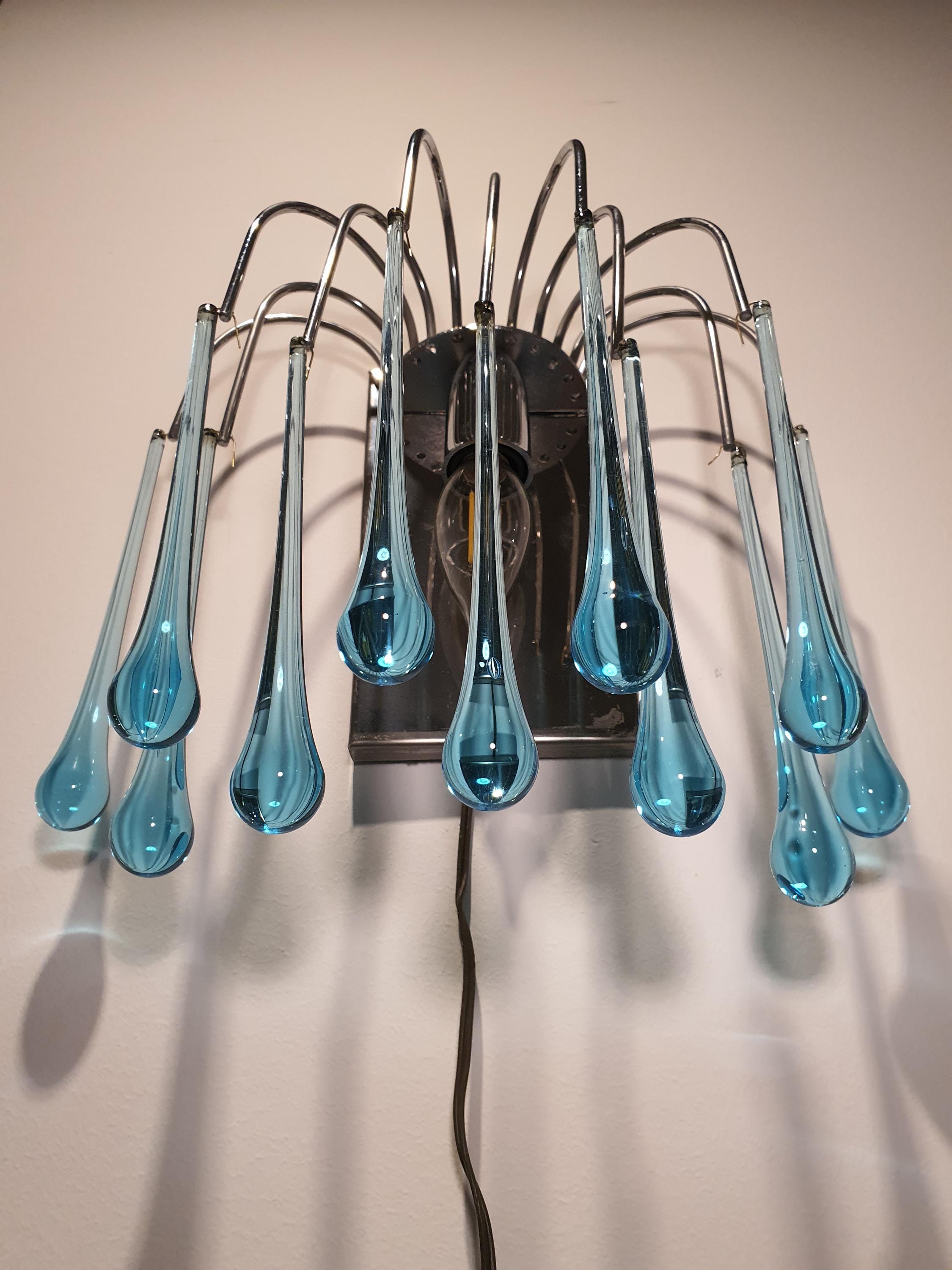 Vintage Murano Glass Teardrop Sconce: Blue Waterfall Light Fixture