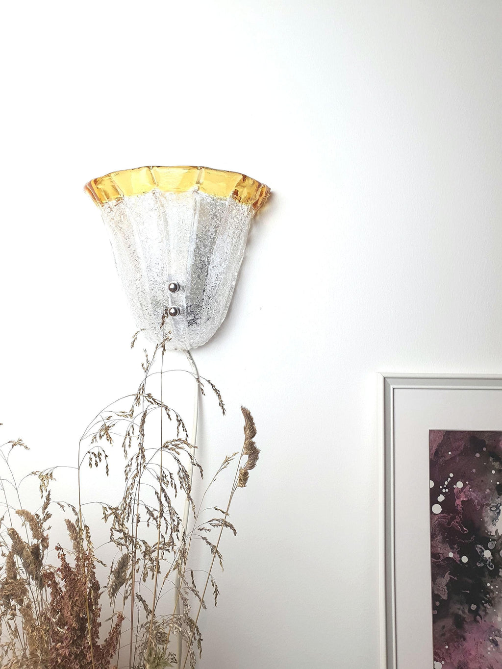 Vintage Murano Glass Floral Wall Sconce: Frosted Clear & Yellow, Italian Lighting