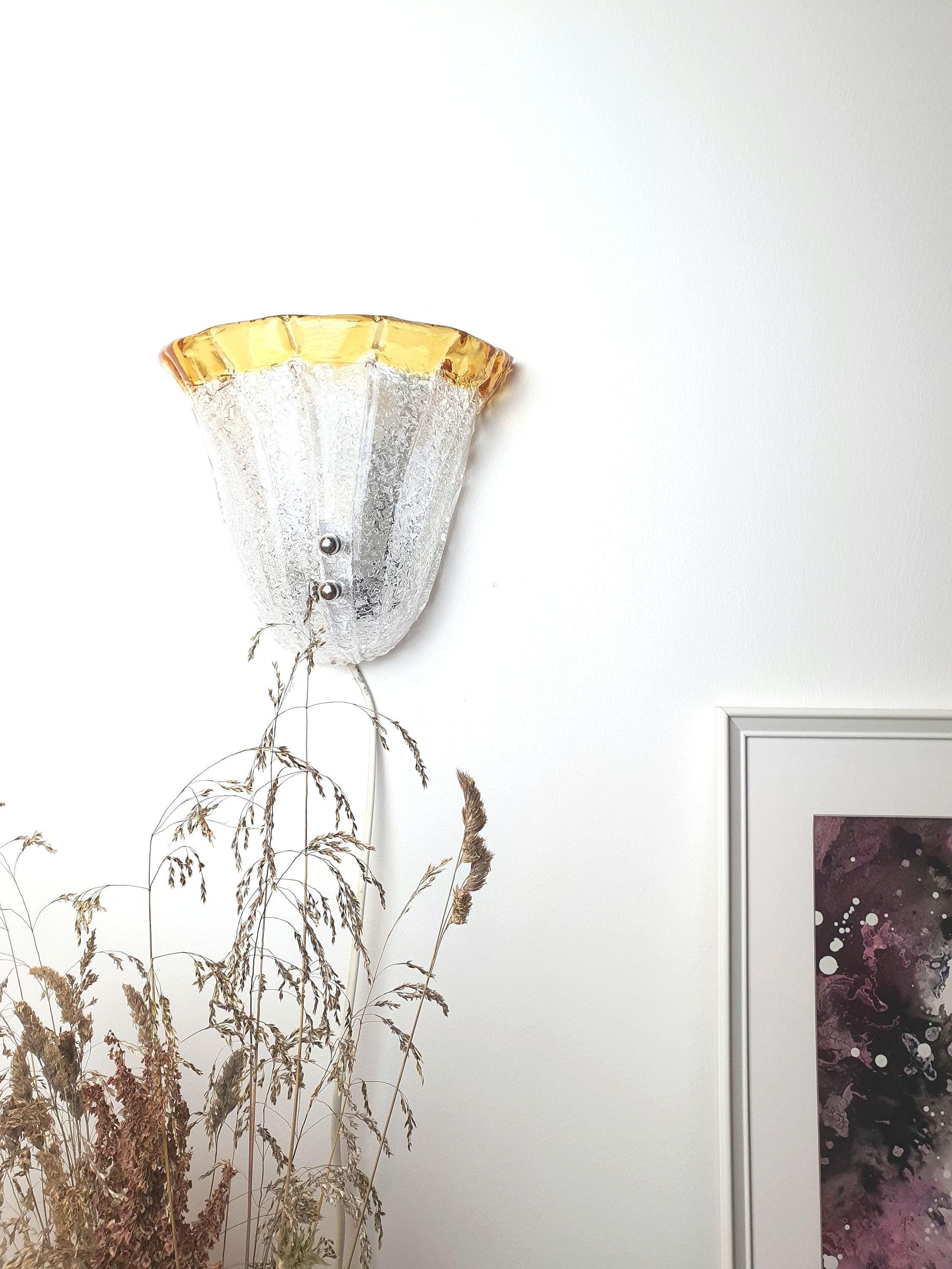 Vintage Murano Glass Floral Wall Sconce: Frosted Clear & Yellow, Italian Lighting