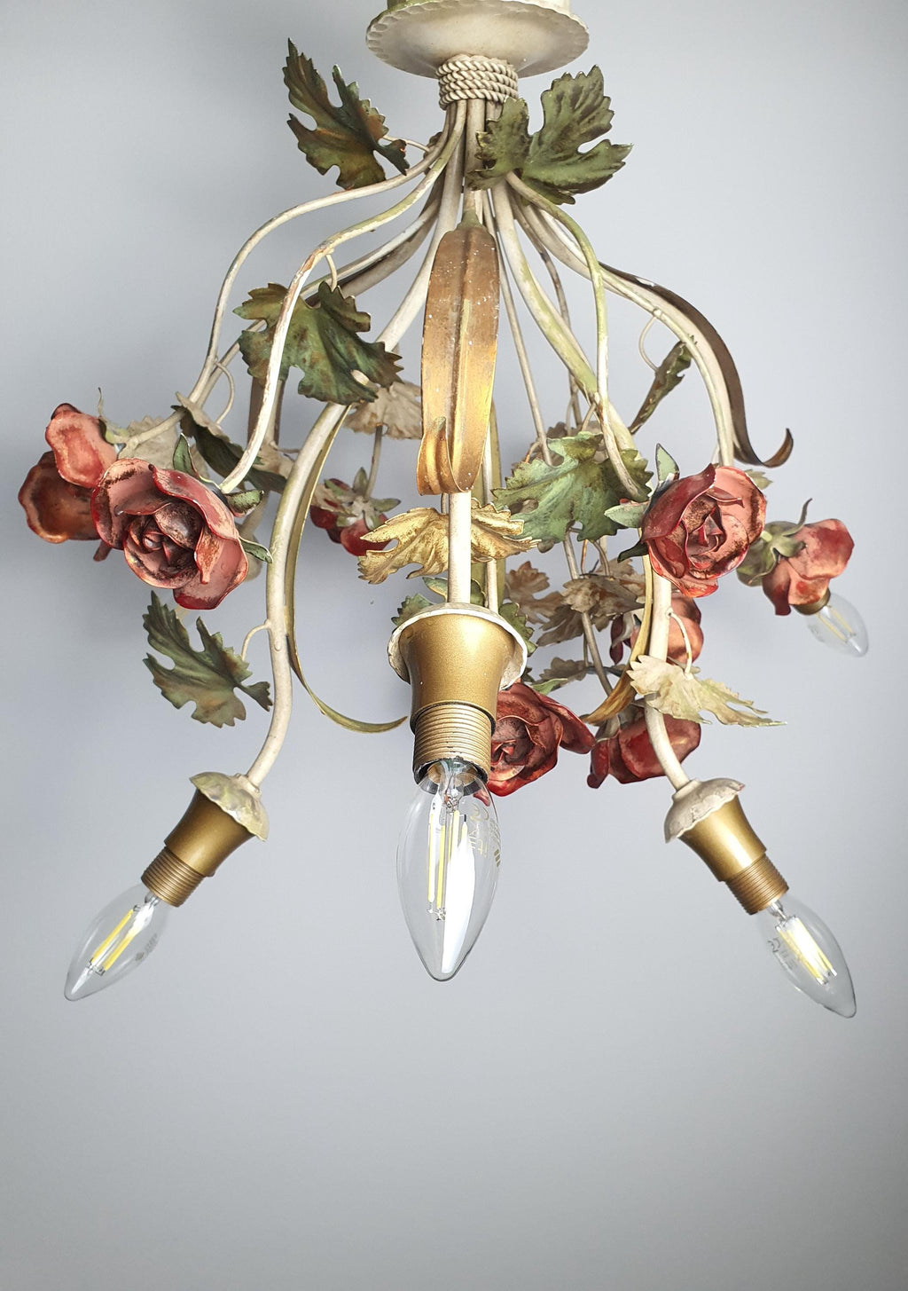 Vintage Italian tole chandelier — minor wear and patina consistent with age