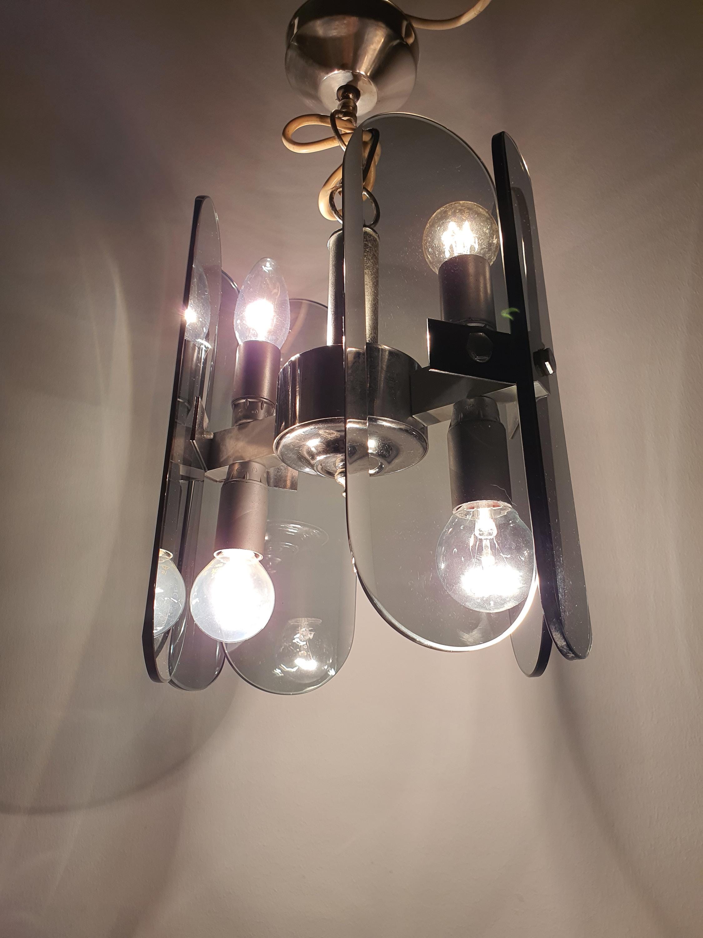 Veca Bottle Glass Chandelier: Mid-Century Modern Italian Chrome Lamp