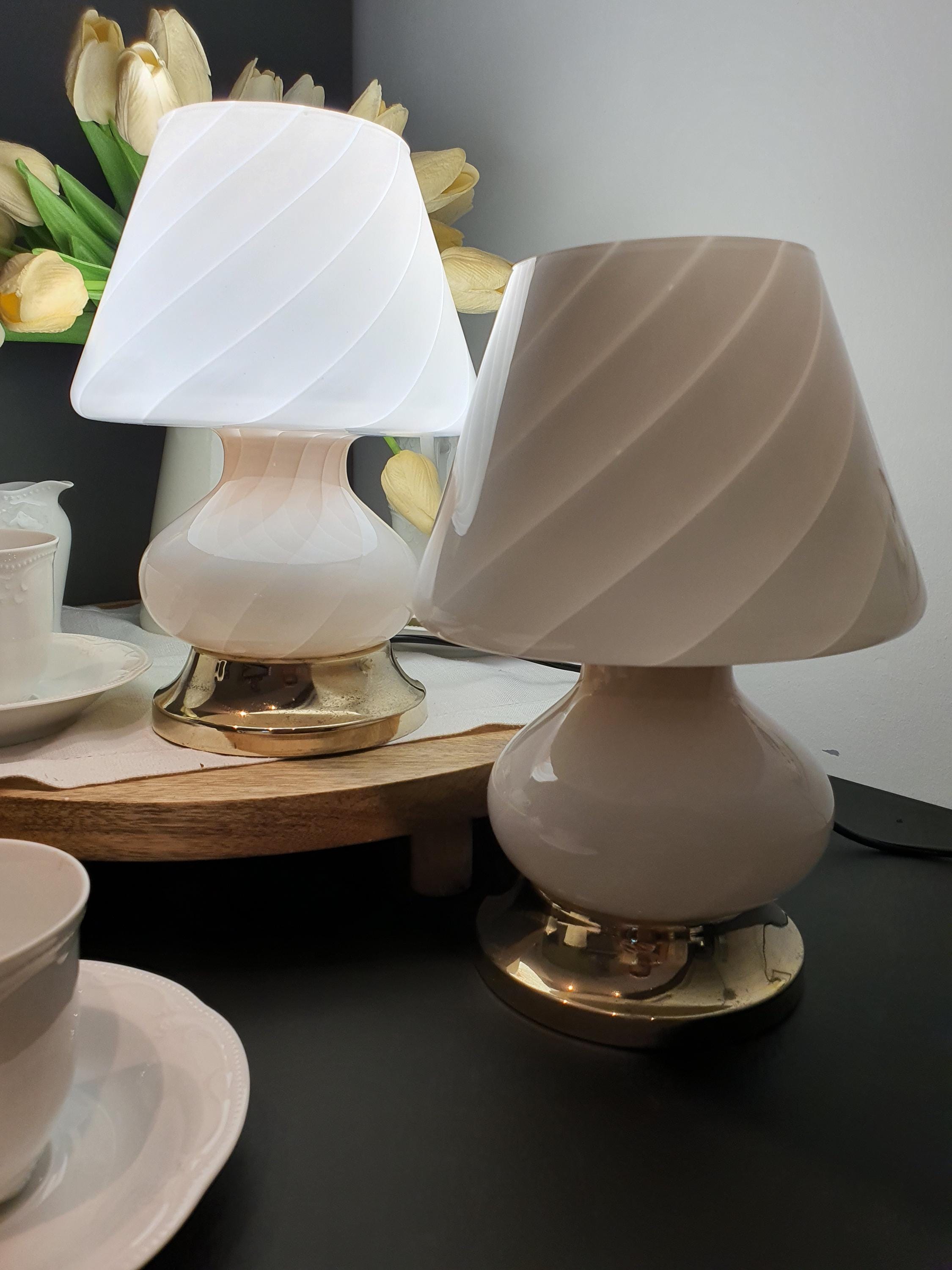 Murano Glass Mushroom Table Lamps: Pink Swirl, Mid-Century Modern