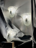 Set aus 3 Vintage-Muranoglas shell-form Wandleuchtes, transparentes Glas mit weiß inclusions, weiß metal backplates, Italy 1990er