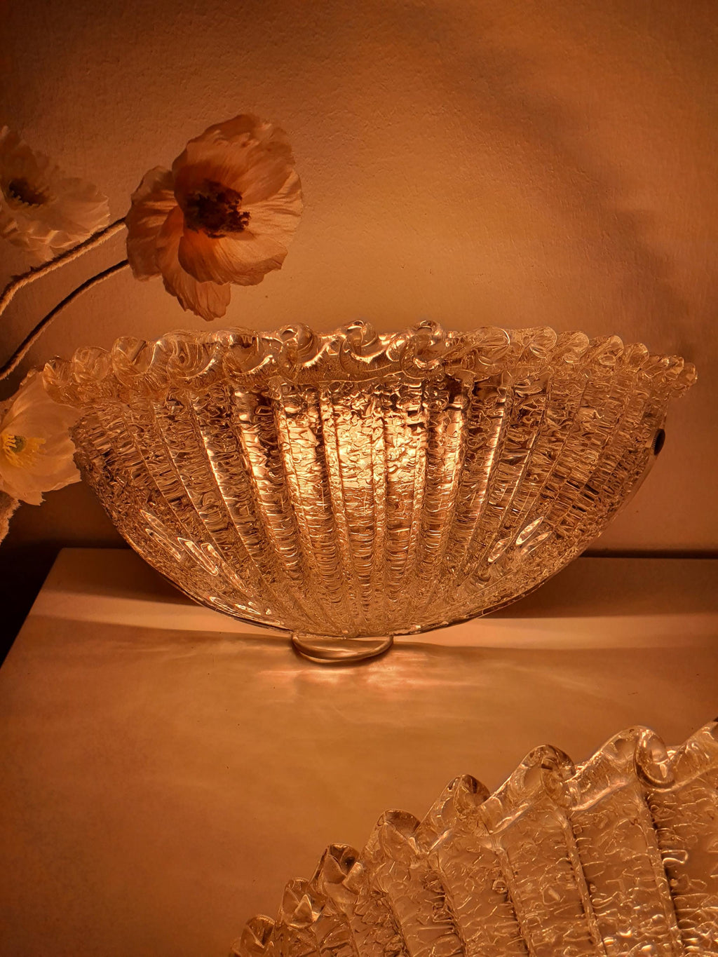 Pair of Murano Glass Shell Wall Sconces | Frosted Venetian Floral Lights | Mid-Century Italian Wall Lamps