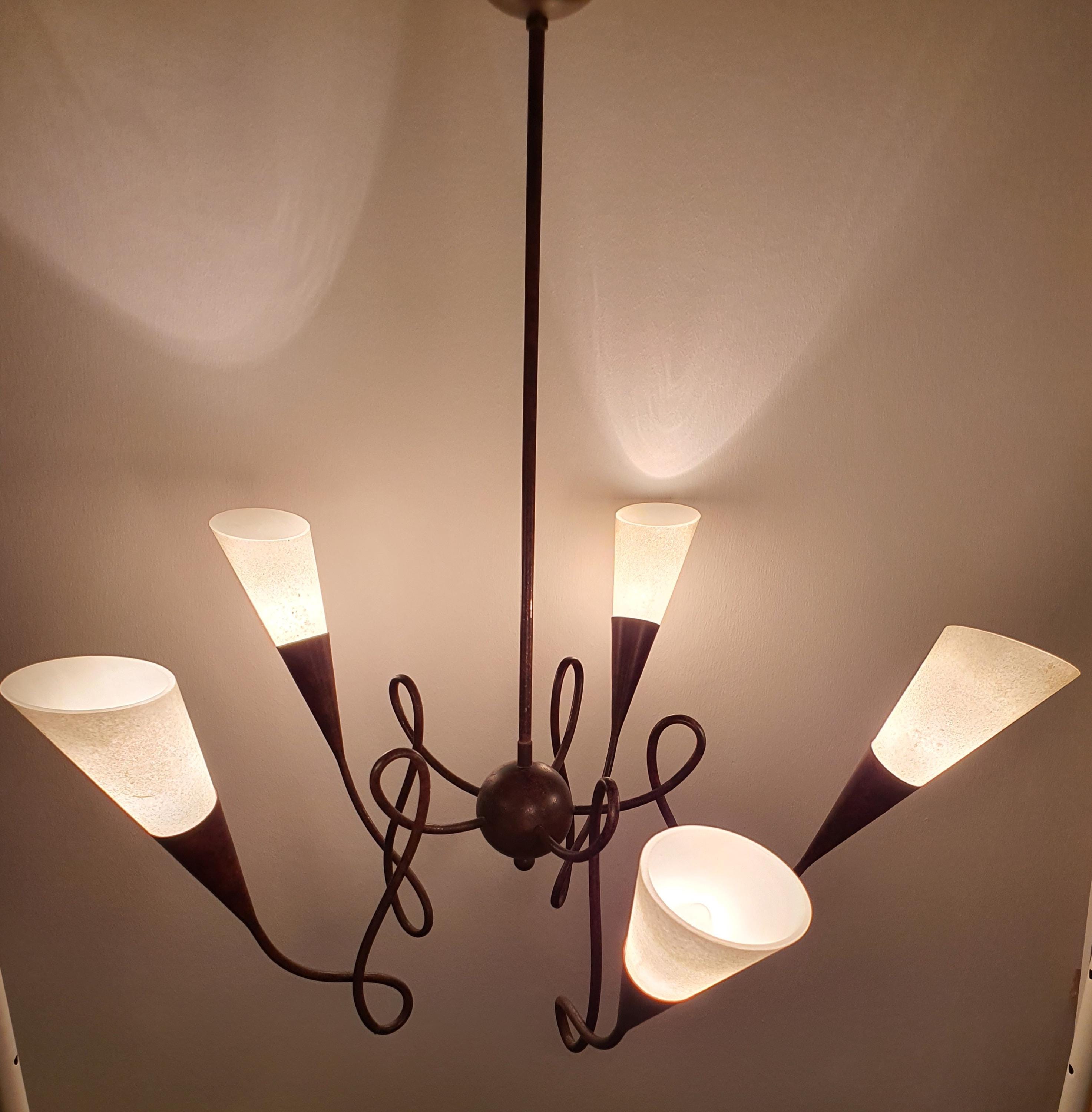 Postmodern Terzani Style 5 Arm Wrought Iron Chandelier Murano Glass Cones