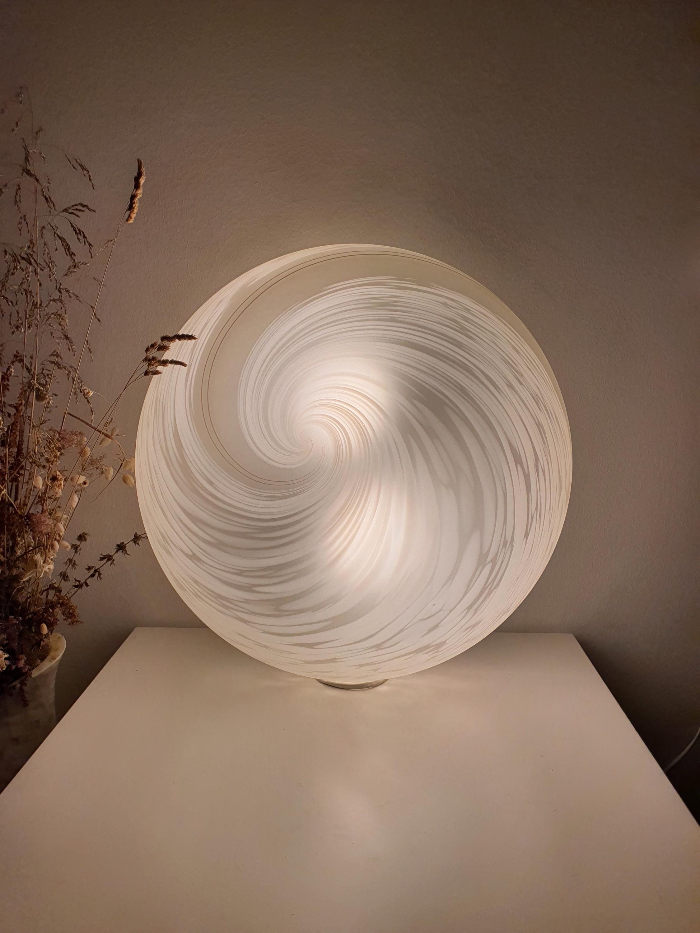 Vintage Murano Glass Flush Mount Light: White Brown Swirl Globe, MCM Decor